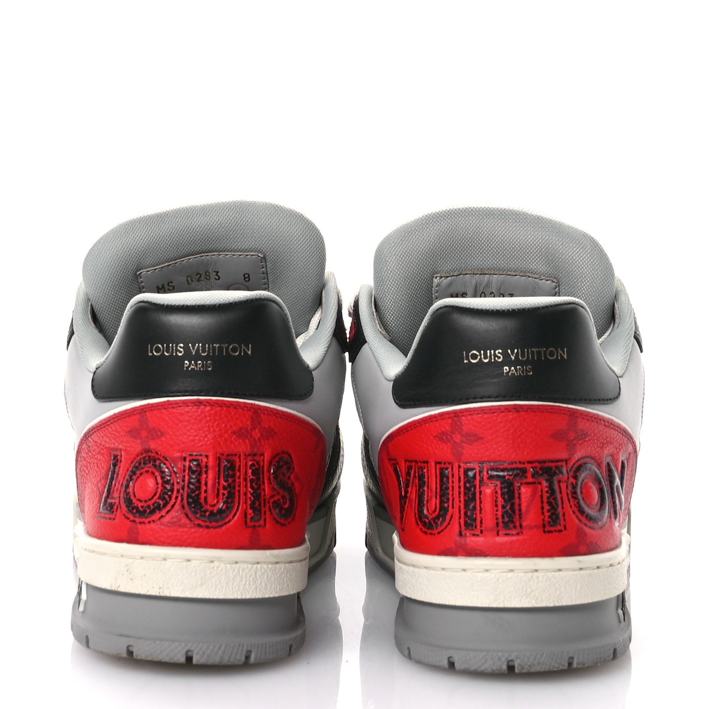 Calfskin Monogram Mens LV Trainer Sneakers 8 Grey Red Black
