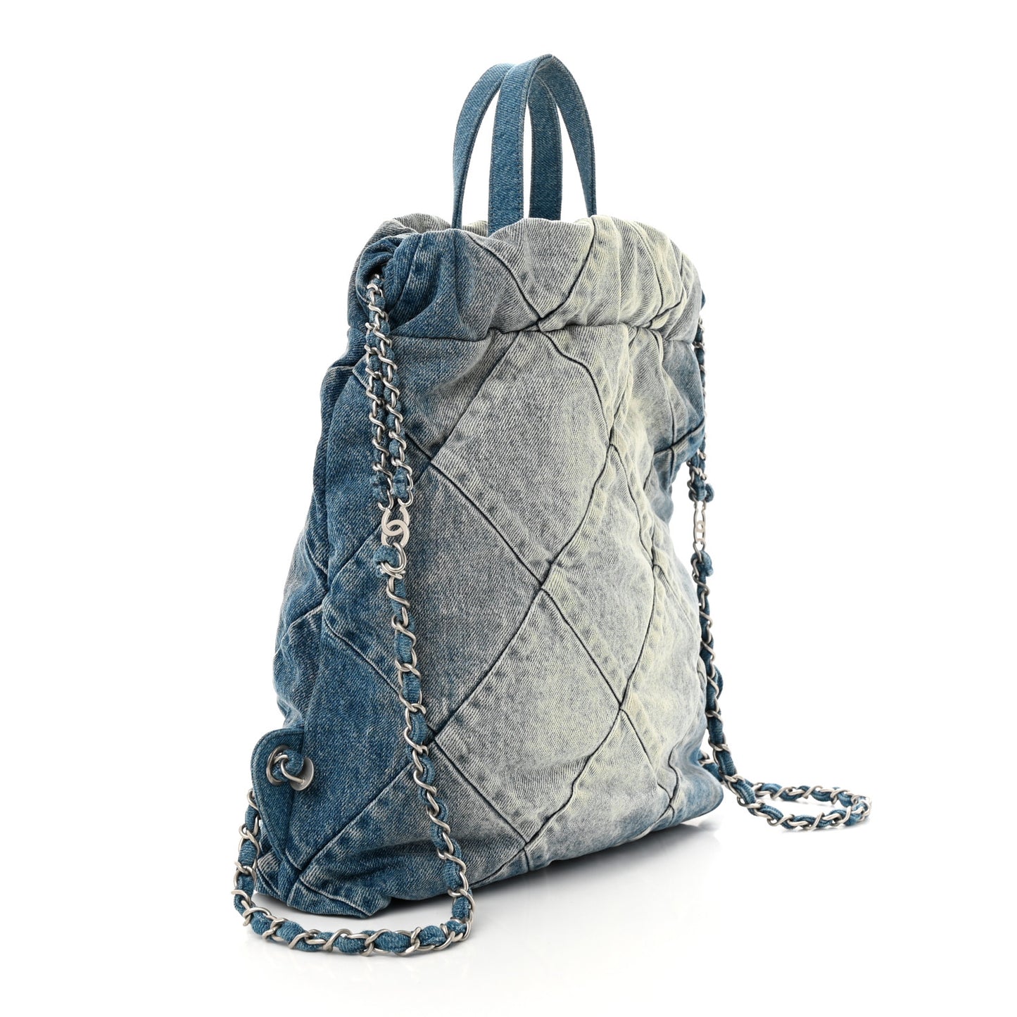 Denim Quilted Chanel 22 Backpack Blue