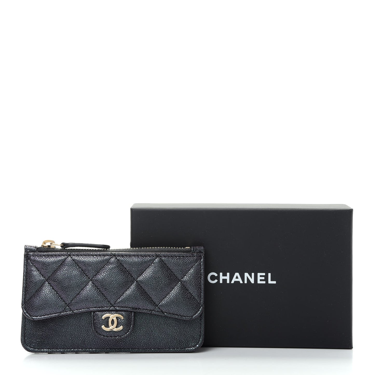 Iridescent Caviar Quilted Flap Zip Card Holder Black