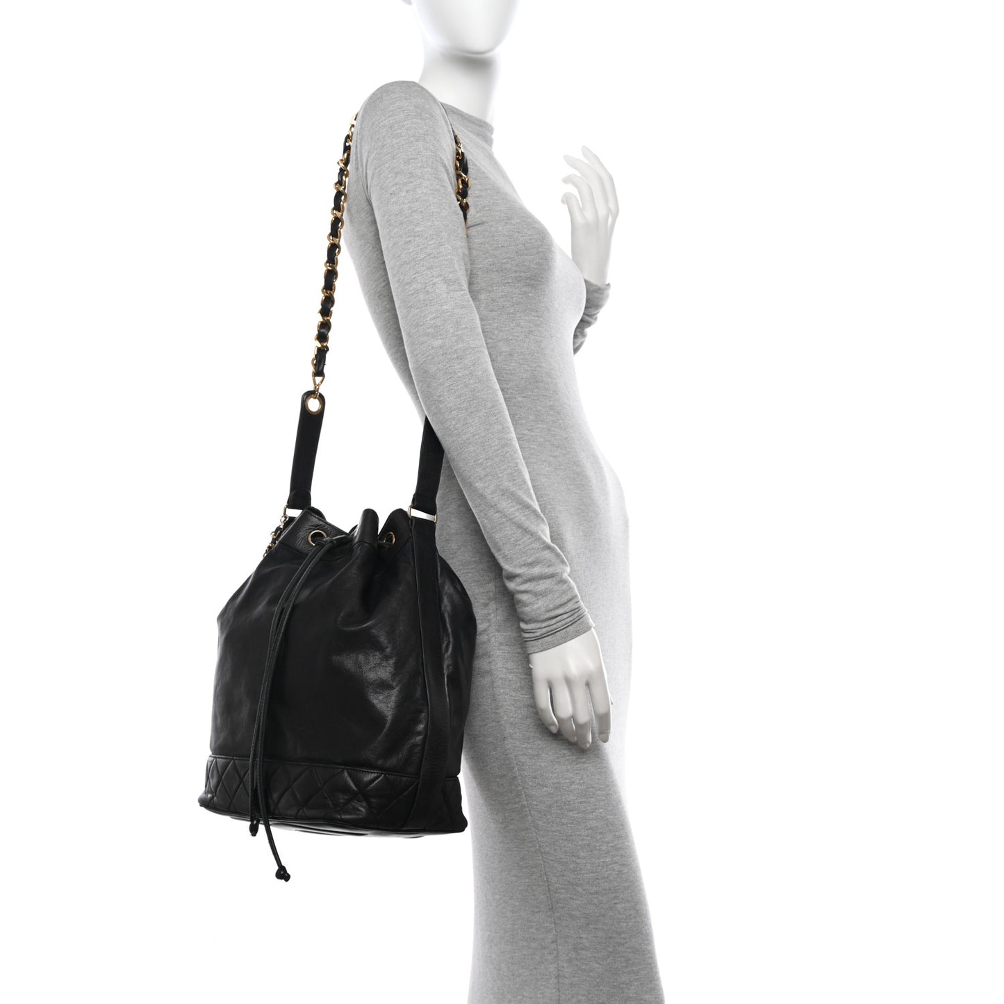 Lambskin Quilted Drawstring Bucket Bag Black