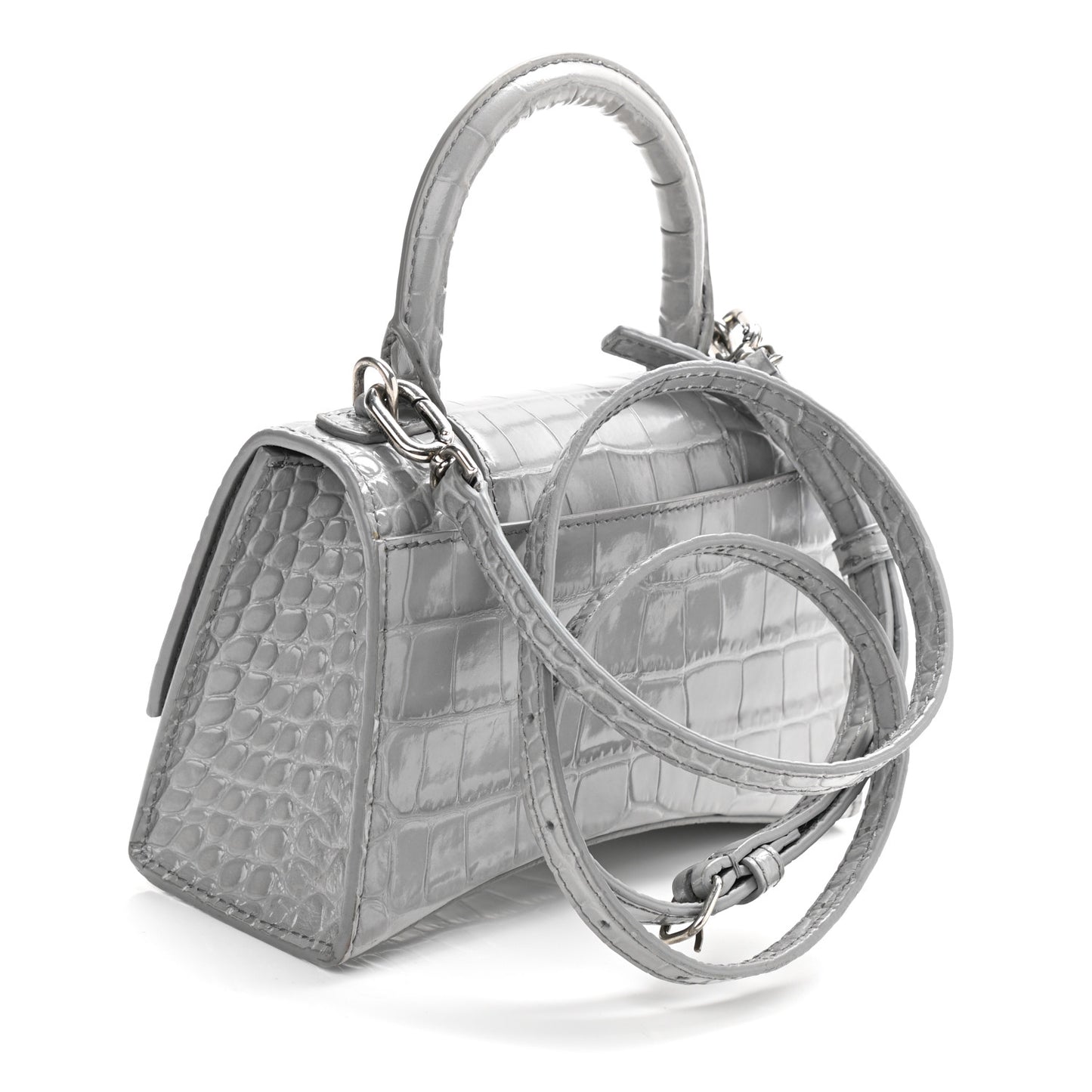 Shiny Calfskin Crocodile Embossed Hourglass Top Handle Bag XS Balenciaga Grey