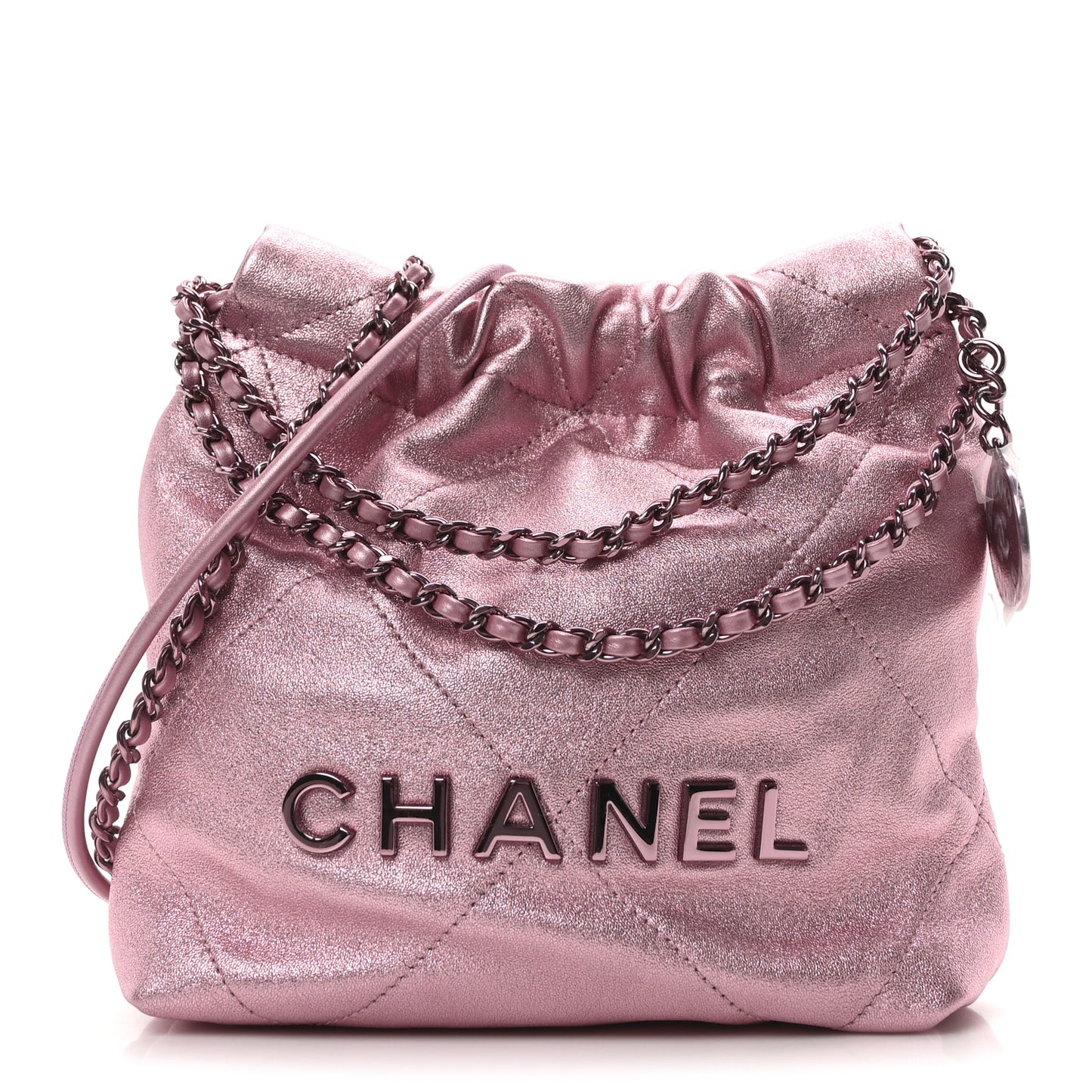 Metallic Lambskin Lacquered Monochrome Quilted Mini Chanel 22 Pink