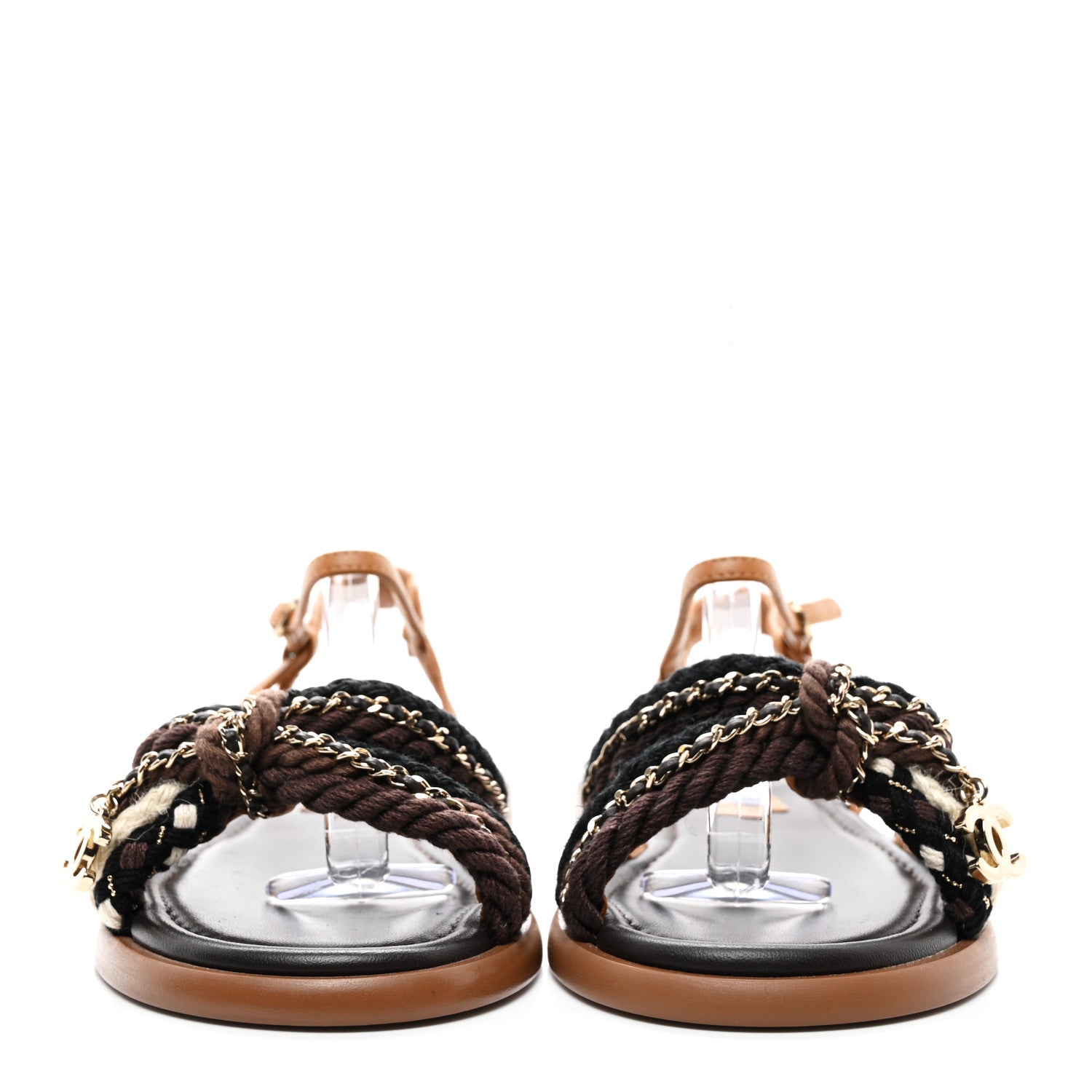 Chanel Lambskin Cord Chain CC Sandals 36.5 Brown Black Ivory 2 of 9