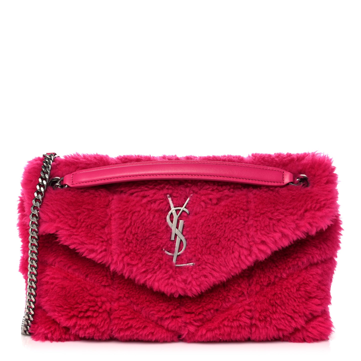 Merino Shearling Lambskin Quilted Small Loulou Puffer Monogram Chain Satchel Fuchsia