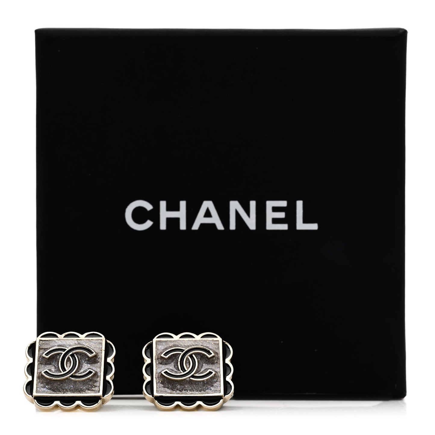 Metal Enamel CC Square Earrings Gold Black White