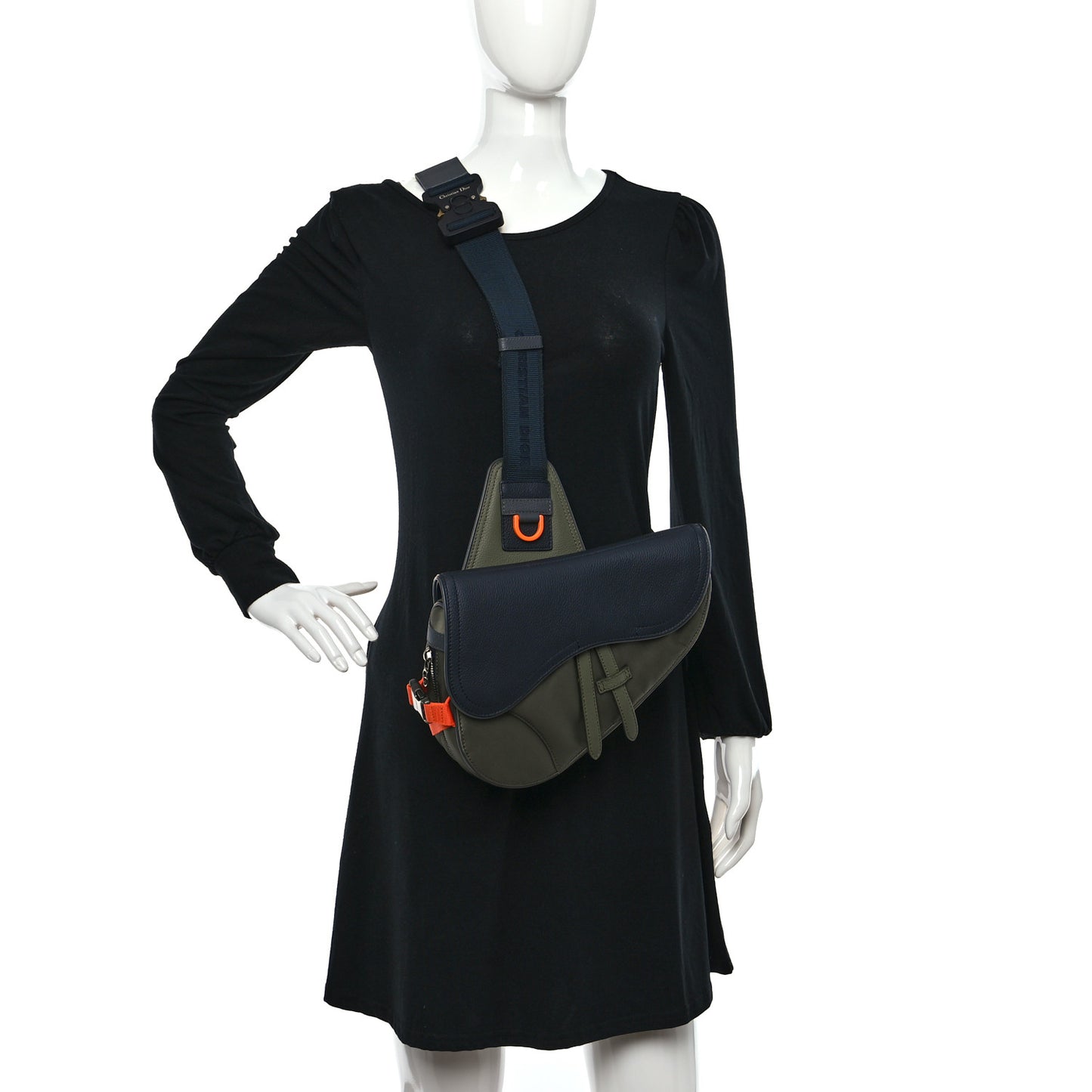 X SACAI Grained Calfskin Technical Fabric Mens Saddle Bag Olive Navy Blue