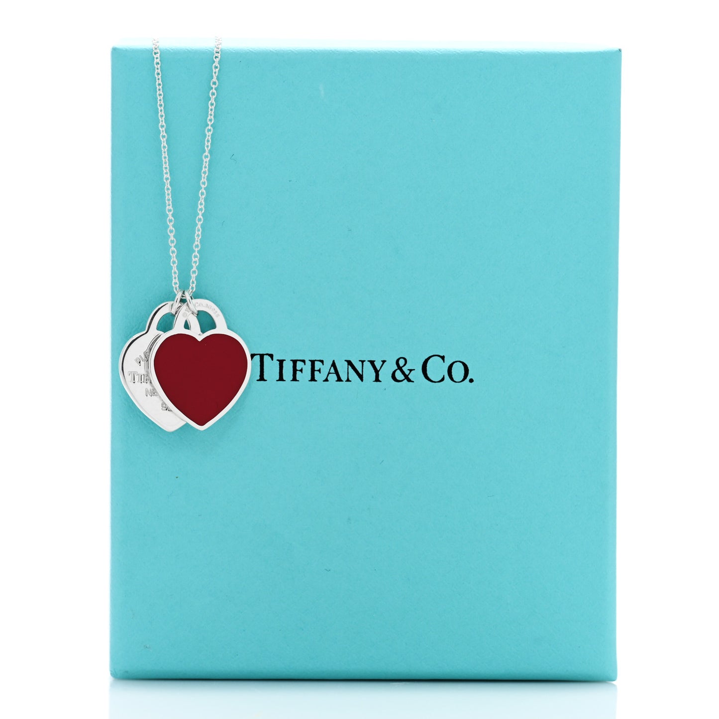 Sterling Silver Enamel Return to Tiffany Double Heart Tag Pendant Necklace Red