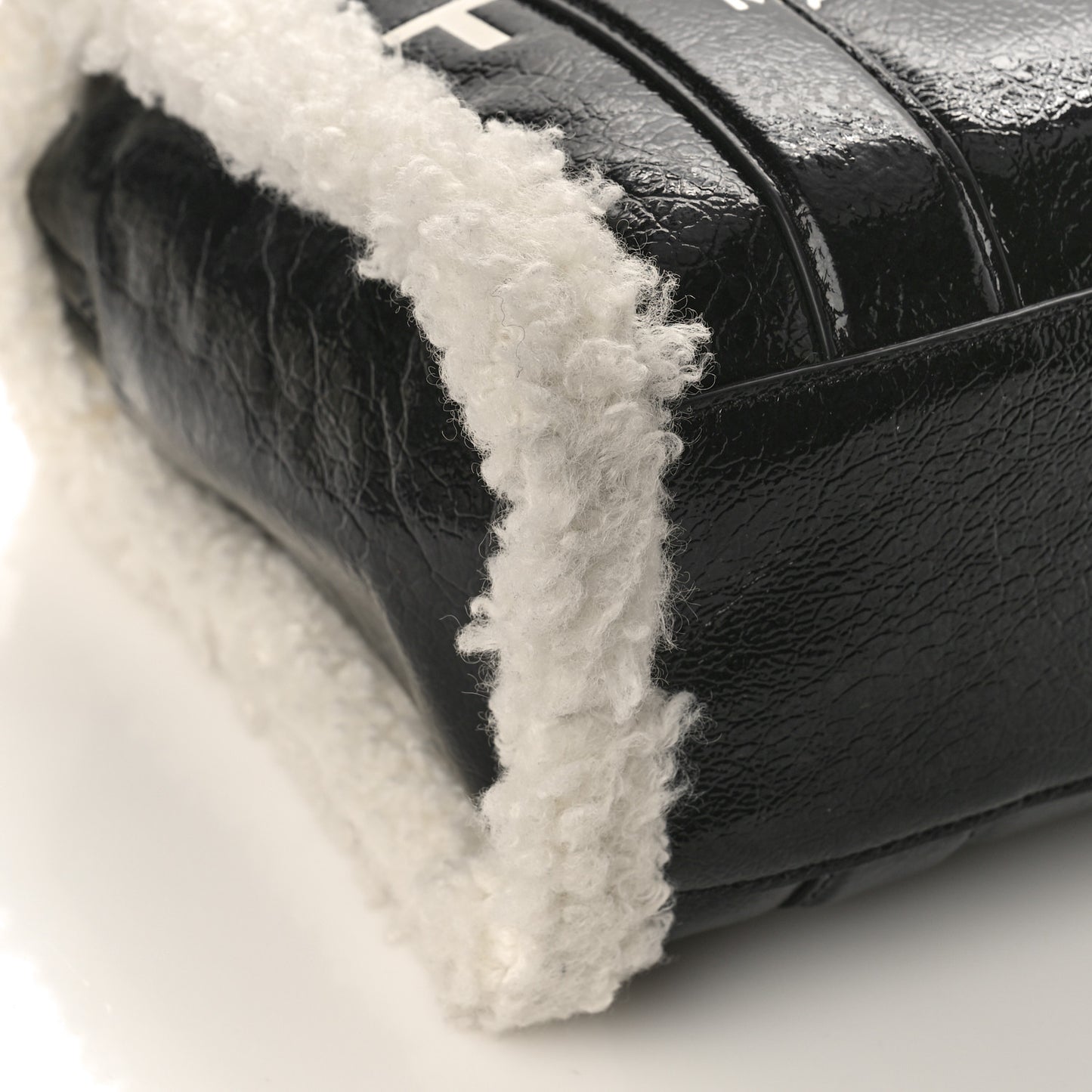 Shiny Calfskin Faux Shearling Mini The Traveler Tote Bag Black