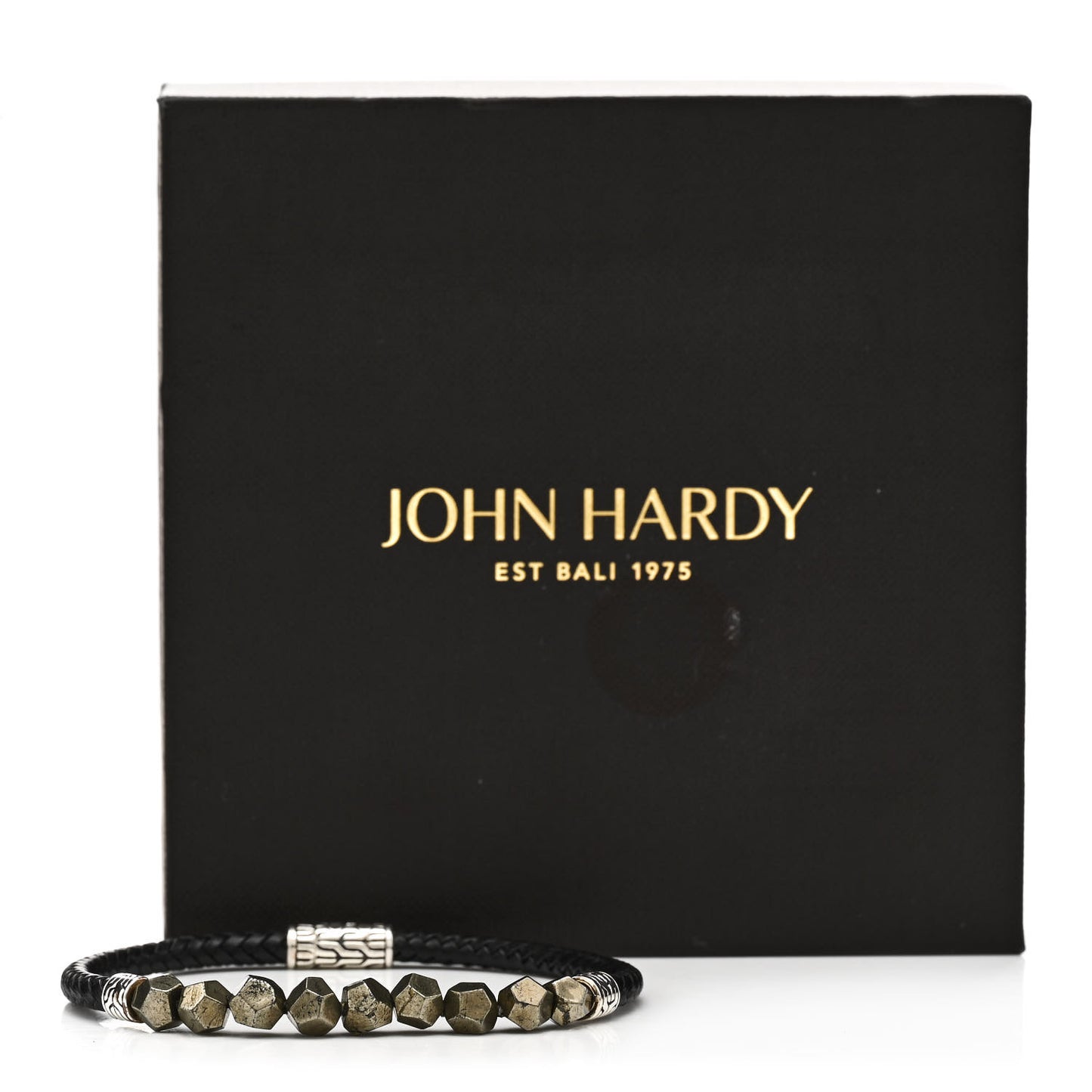 Sterling Silver Pyrite Leather Classic Chain Bracelet Black