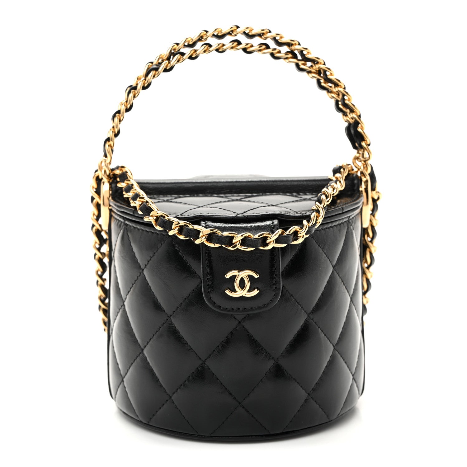 Chanel Lambskin Quilted Chain Top Handle Vanity With Chain Black