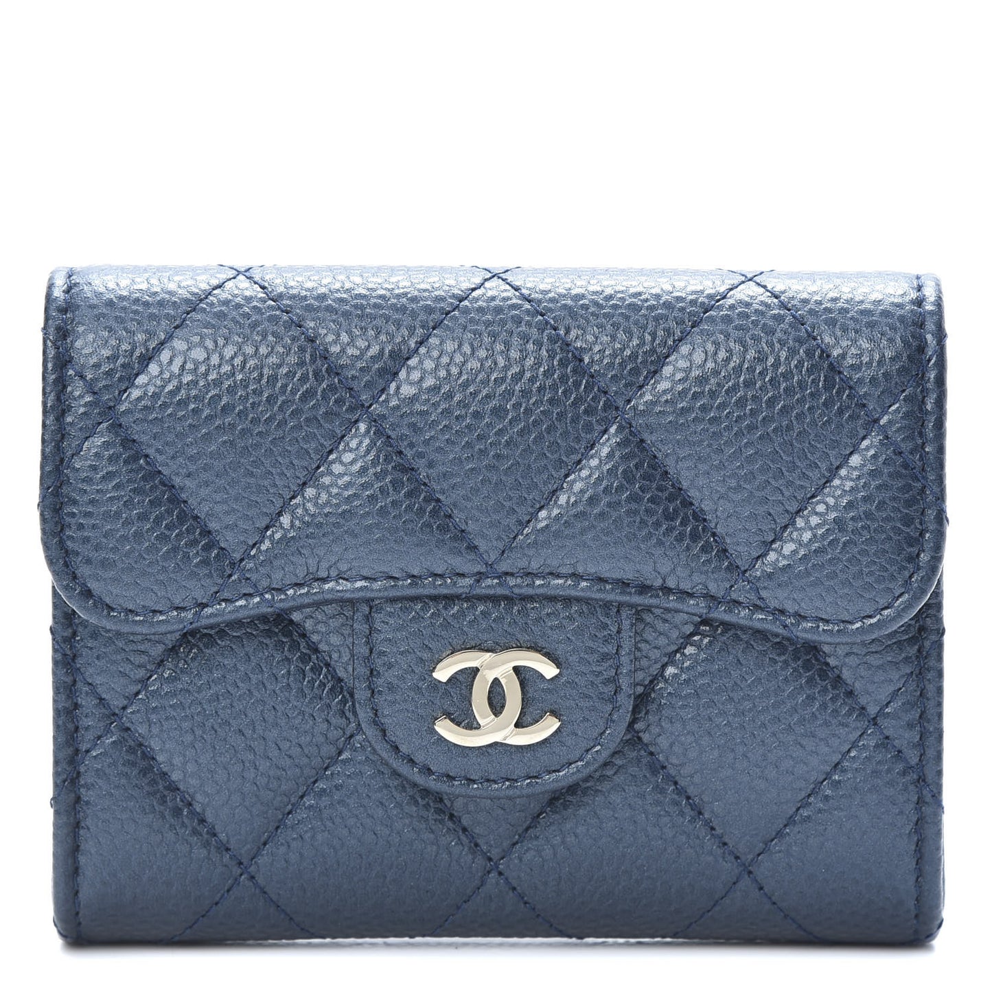 Metallic Caviar Quilted Flap Card Holder Wallet Dark Blue