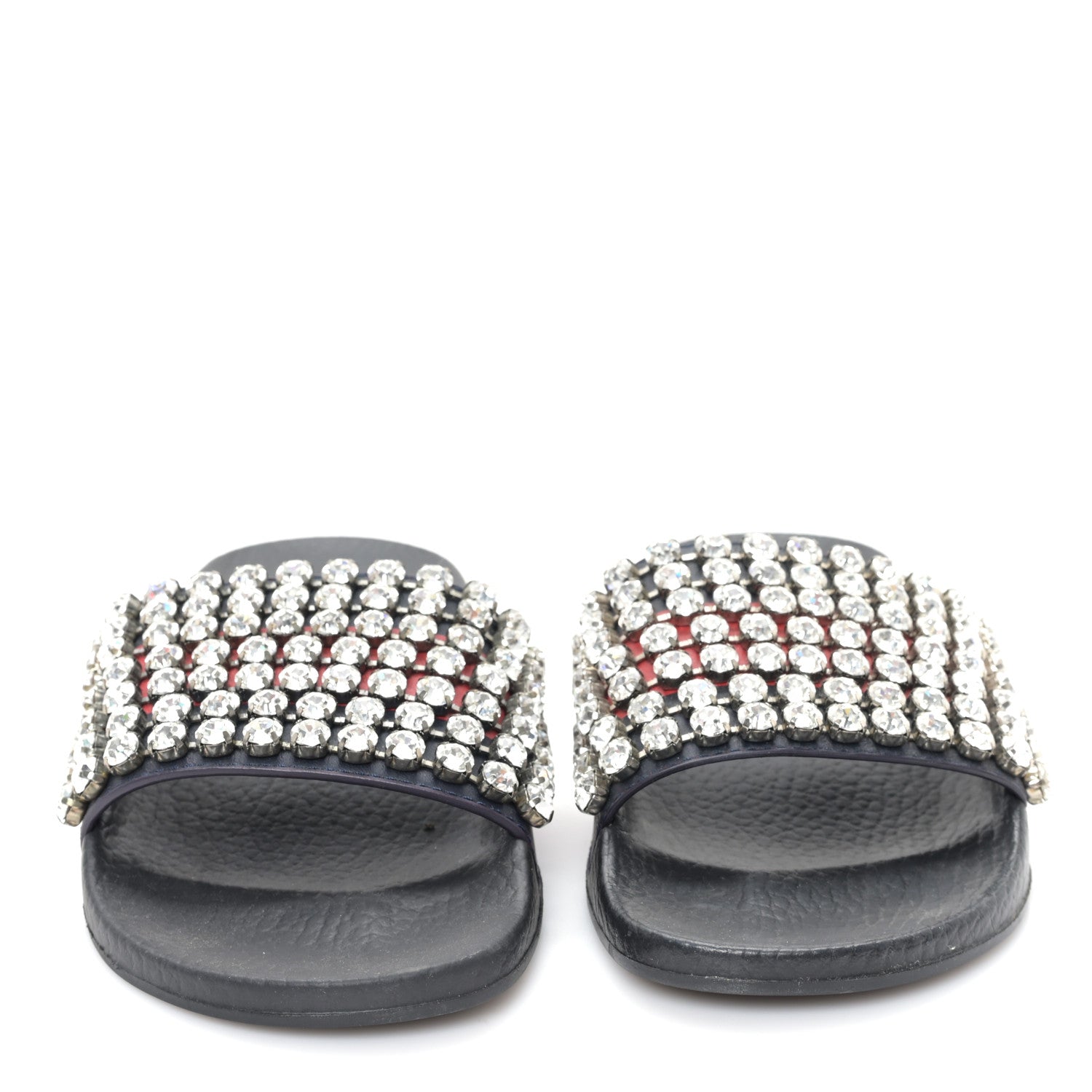 Gucci Calfskin Crystal Embellished Web Slide Sandals 36 Blue Red 3 of 8