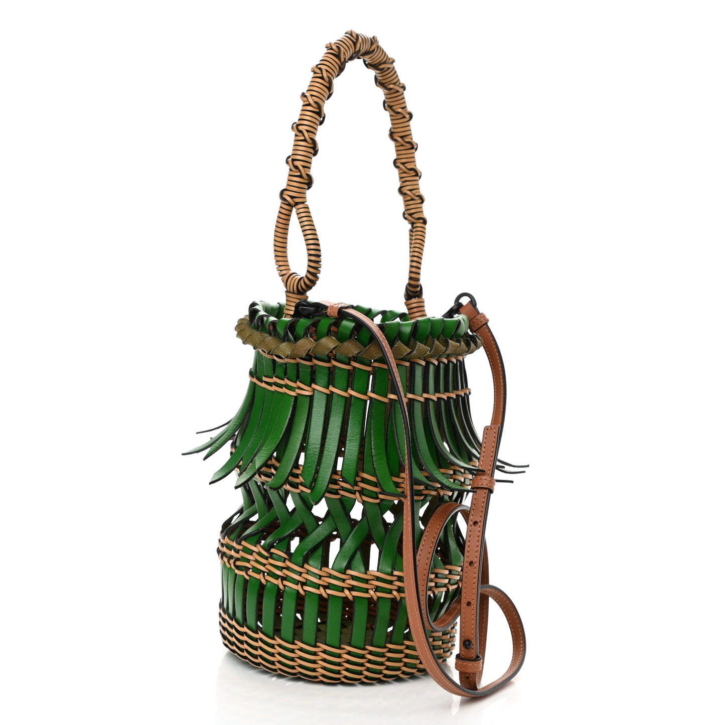 Calfskin Woven Fringes Bucket Bag Green Honey