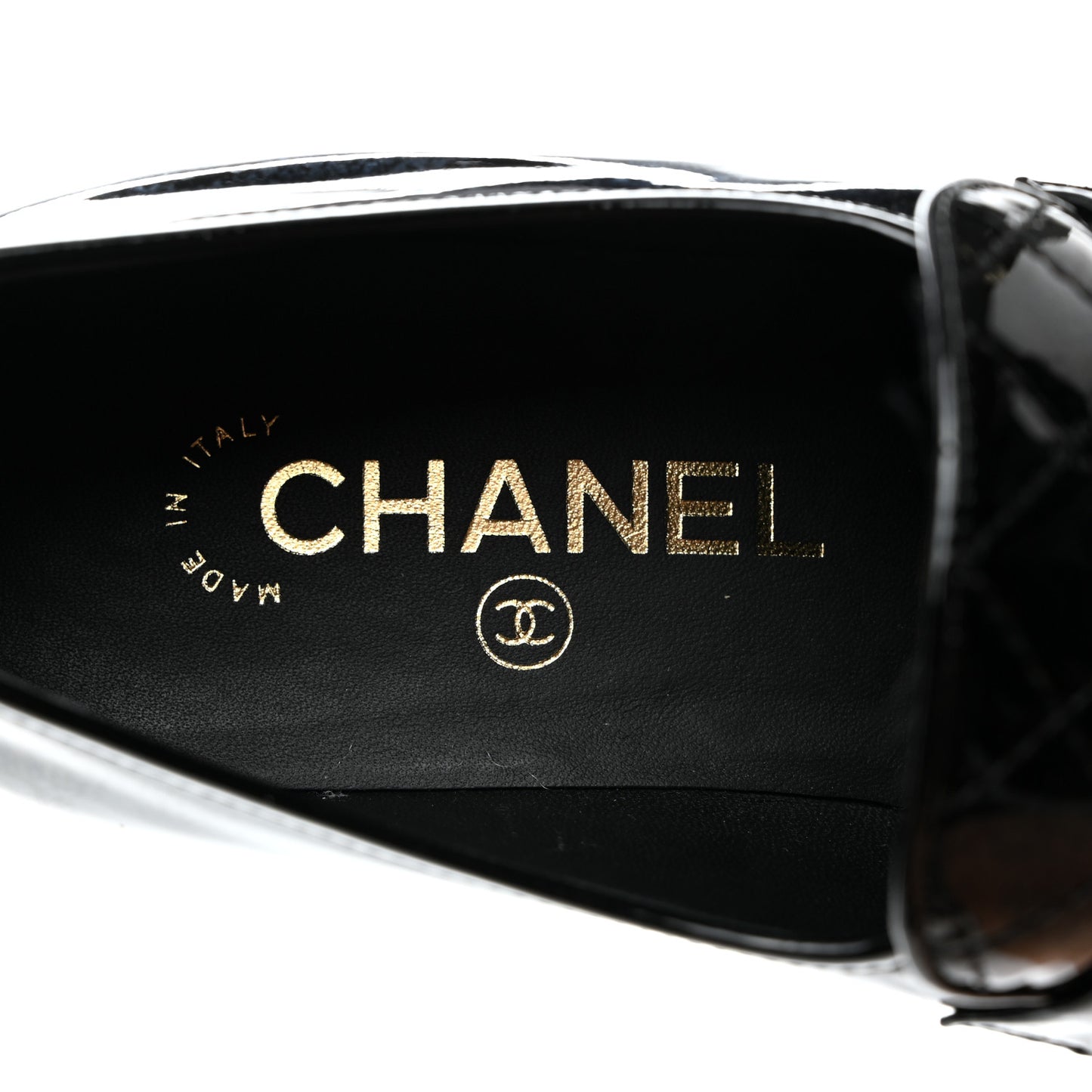 Patent Calfskin CC Chain Mocassin Loafers 36 Black