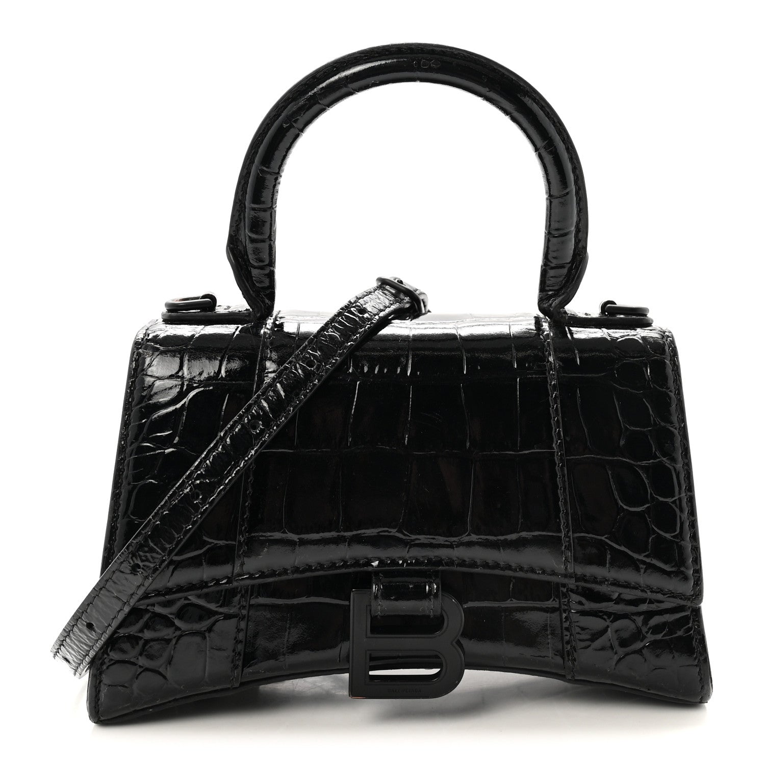 BALENCIAGA Hourglass クロコ型押し ショルダーバッグ Balenciaga Shiny Calfskin Monochrome Crocodile Embossed Hourglass