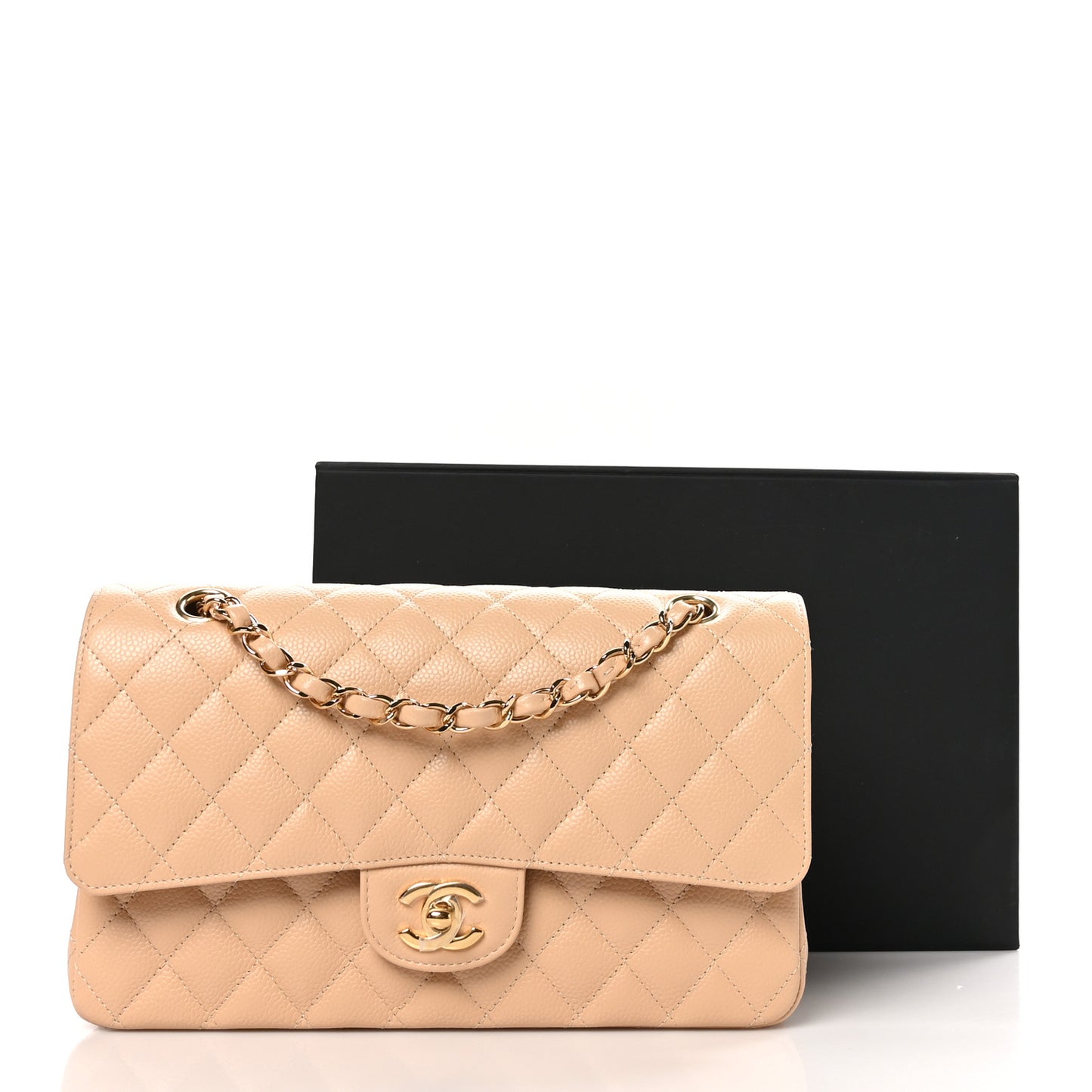 Caviar Quilted Medium Double Flap Beige