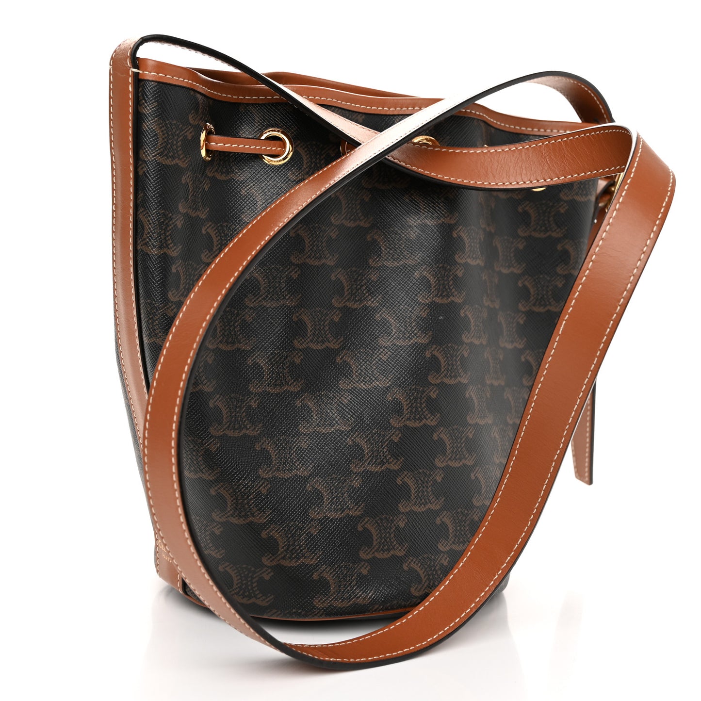 Triomphe Canvas Calfskin Small Drawstring Bucket Bag Tan