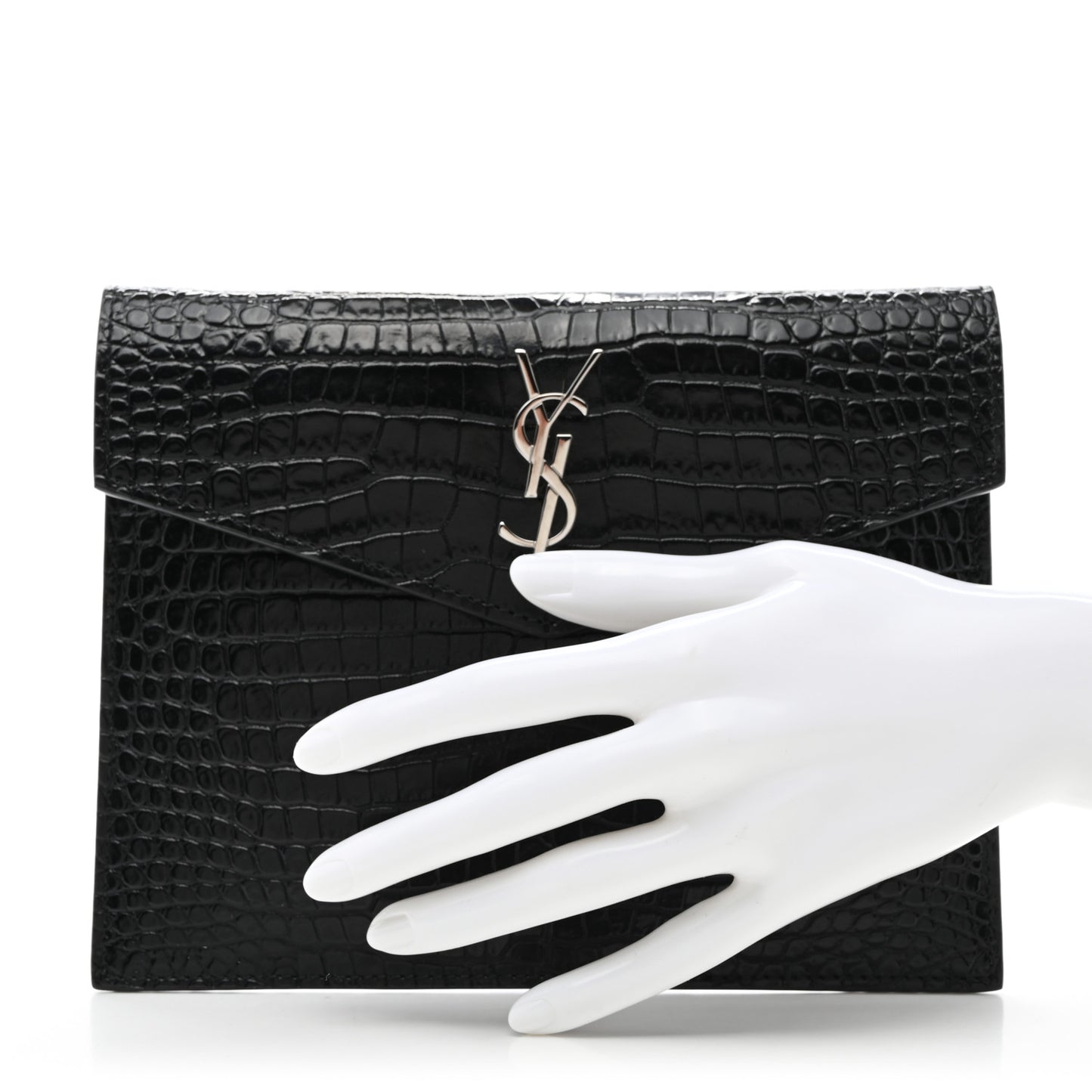 Calfskin Crocodile Embossed Monogram Uptown Baby Pouch Black