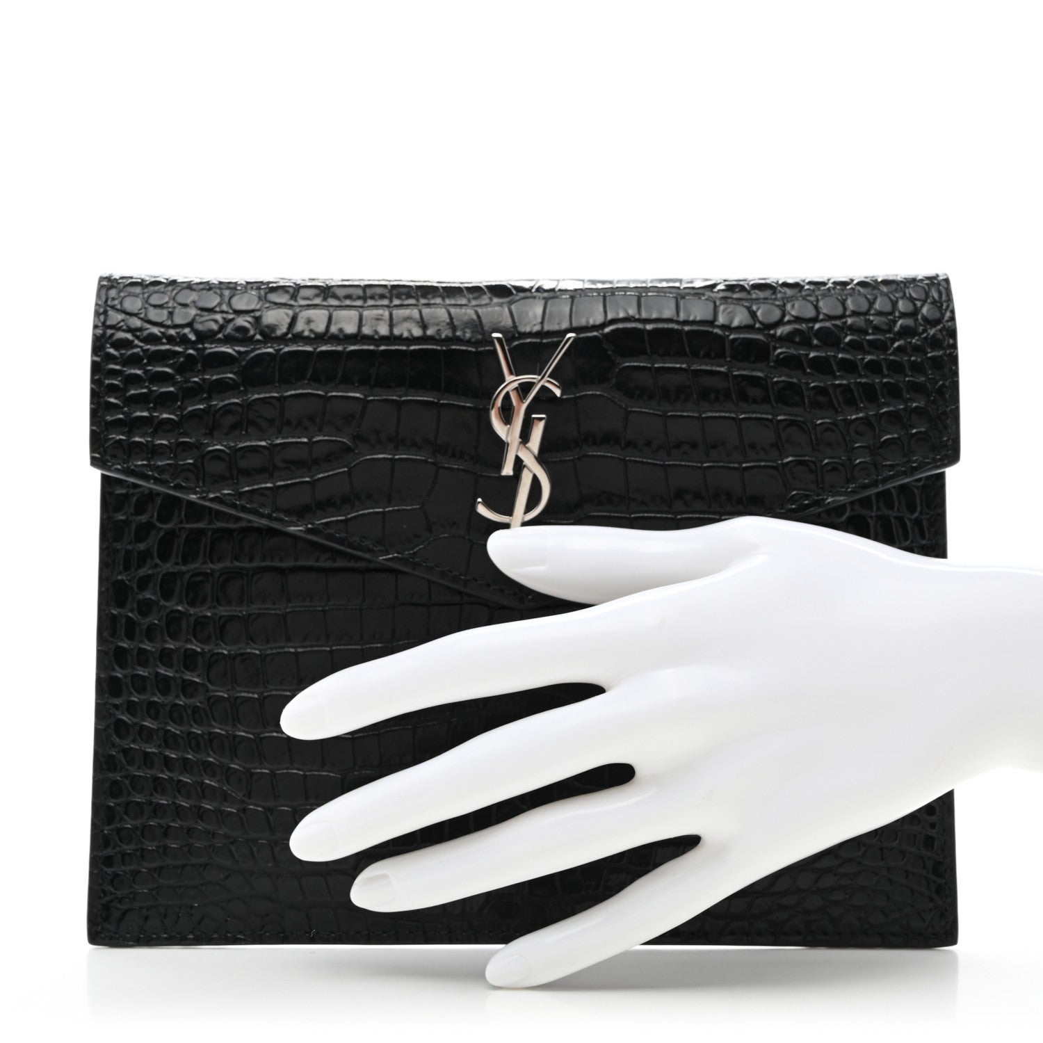 Saint Laurent Calfskin Crocodile Embossed Monogram Uptown Baby Pouch Black 2 of 7