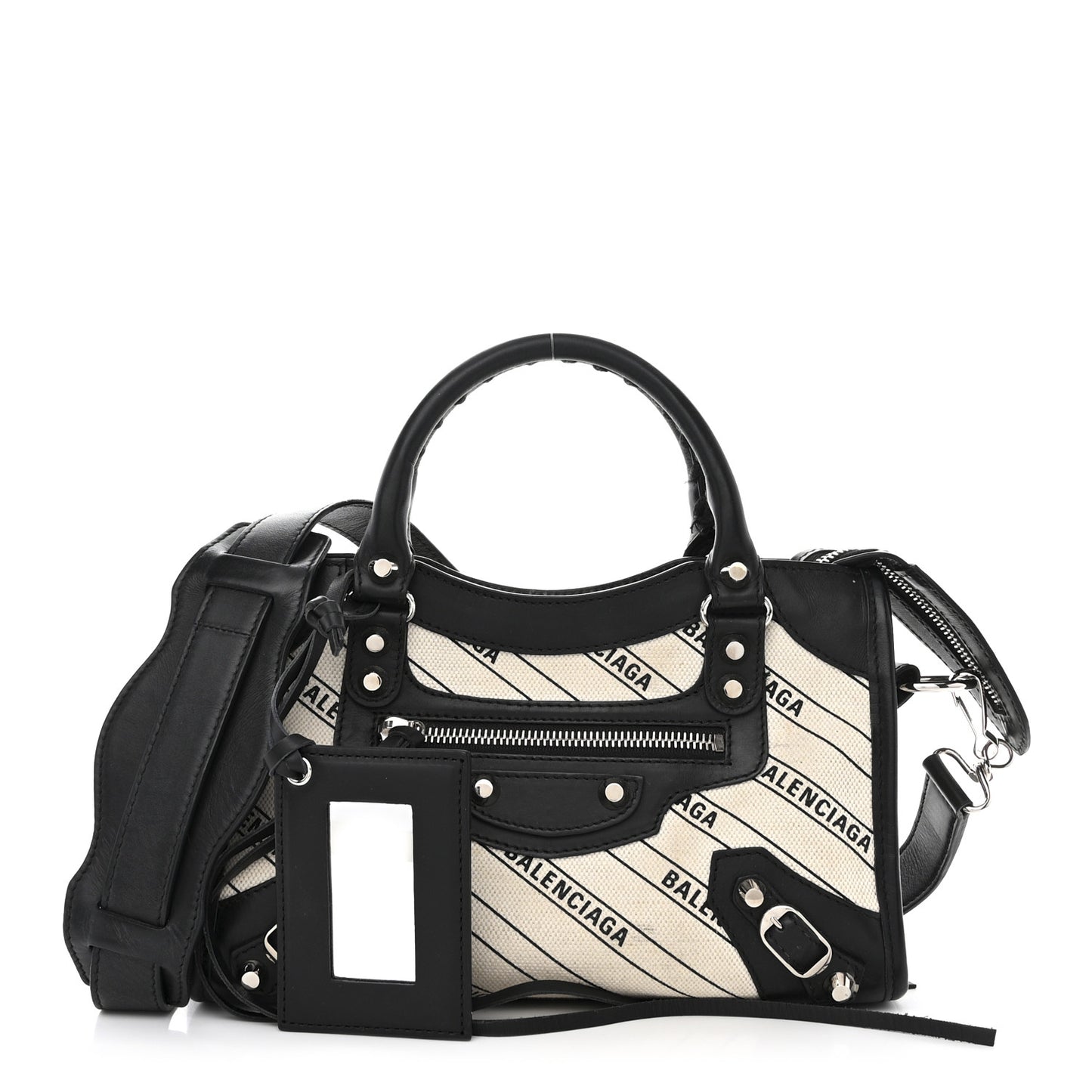 Canvas Satin Calfskin Diagonal Allover Logo Print Classic Silver Hardware Mini City Natural Black