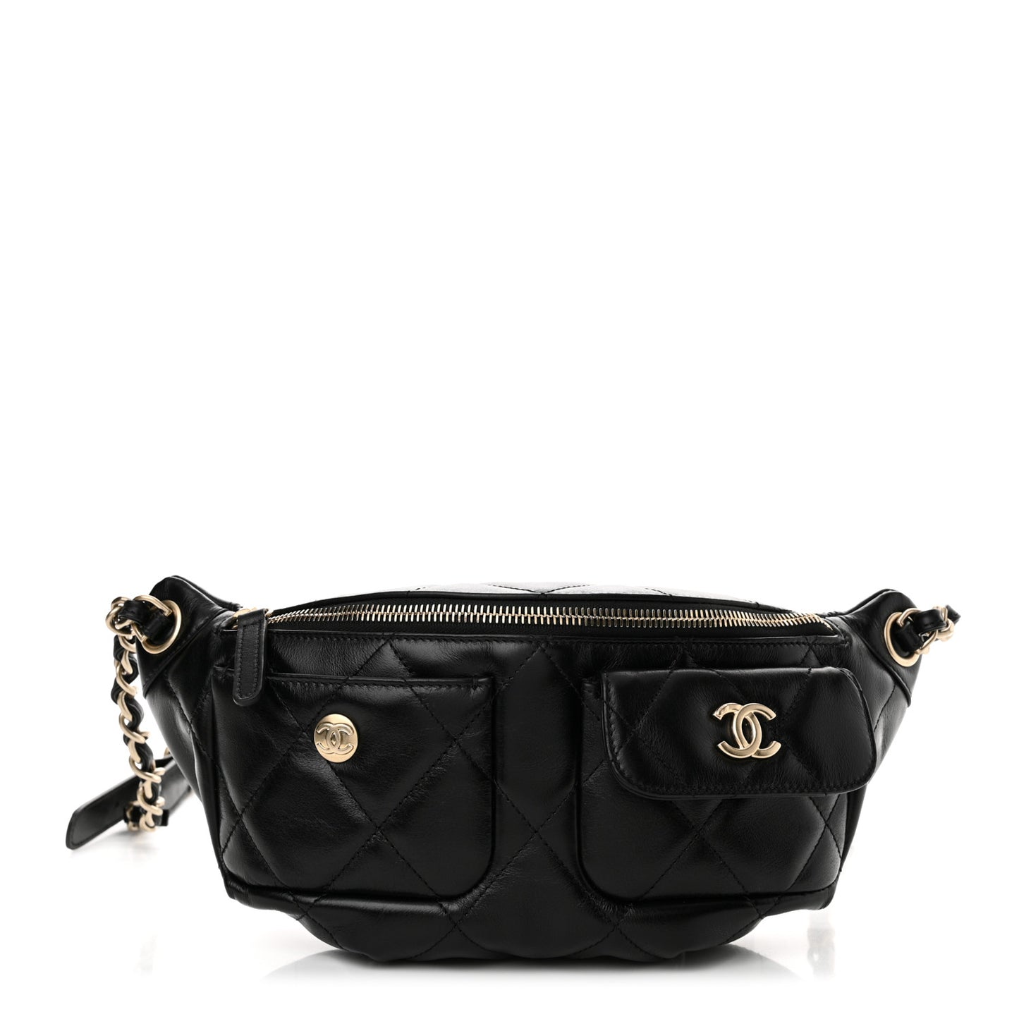 Shiny Aged Calfskin Quilted CC Pockets Jacket Waist Belt Bag Black