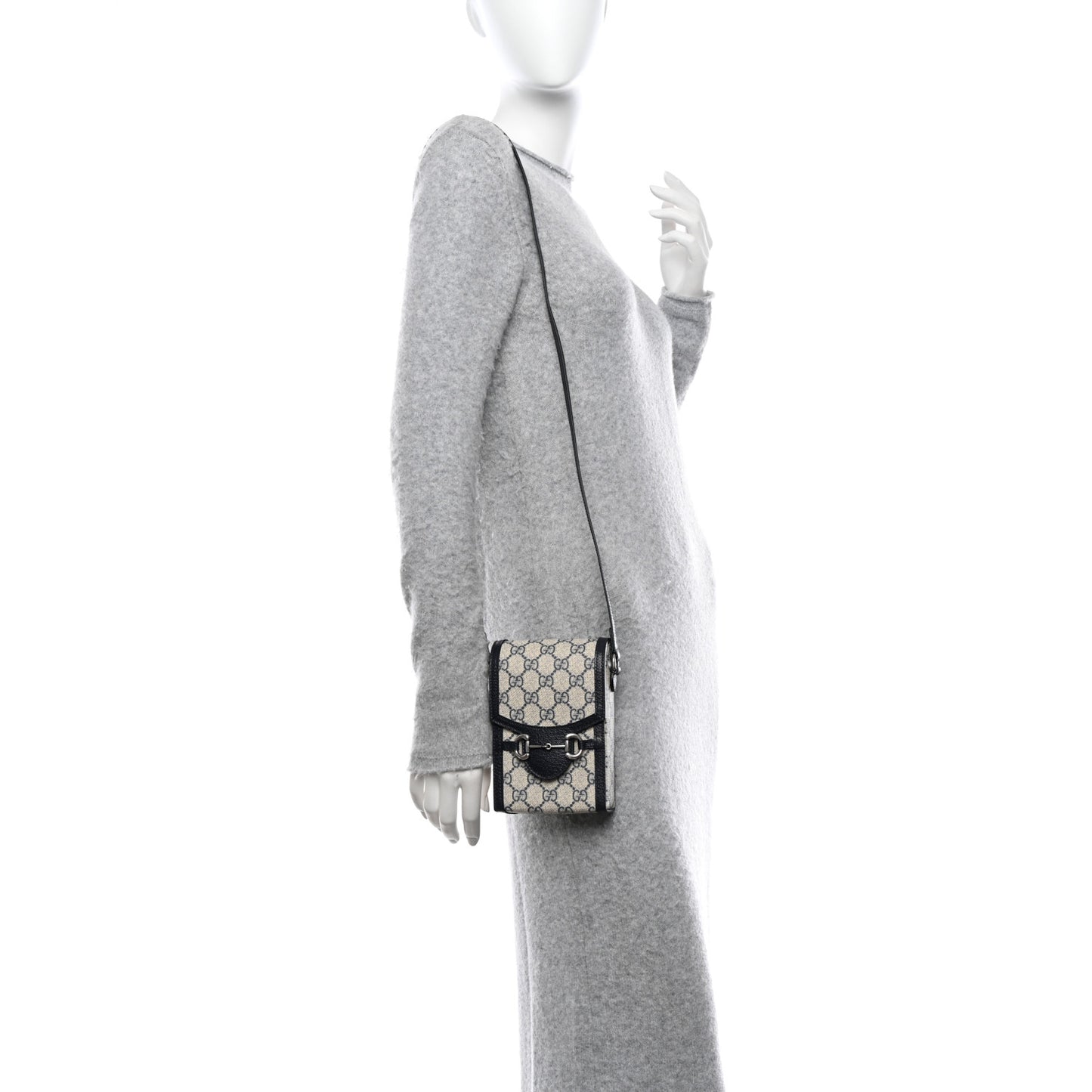 GG Supreme Monogram Textured Dollar Calfskin Mini Horsebit 1955 Crossbody Bag Beige Blue