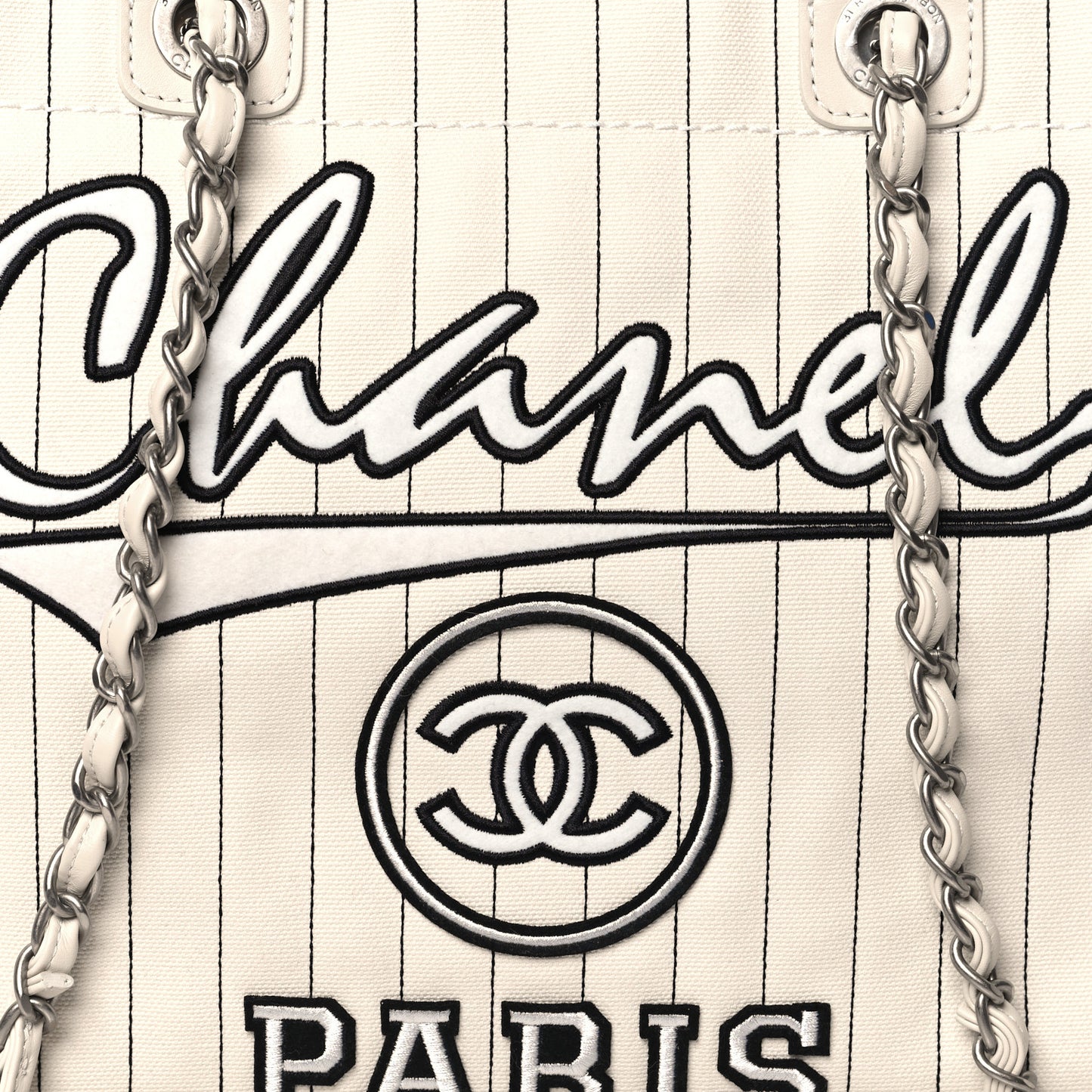 Canvas Calfskin Striped Medium Deauville Tote White Black