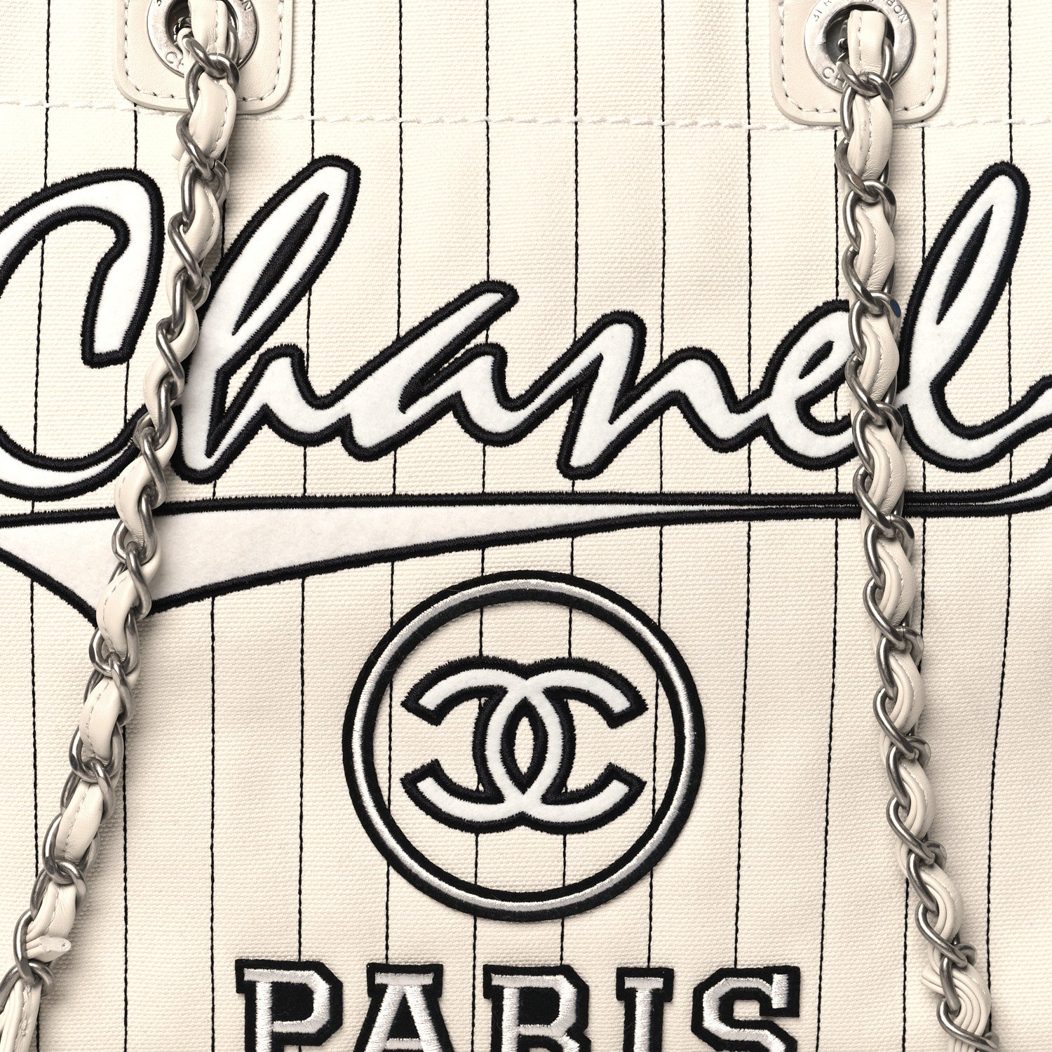 Chanel Canvas Calfskin Striped Medium Deauville Tote White Black 9 of 12