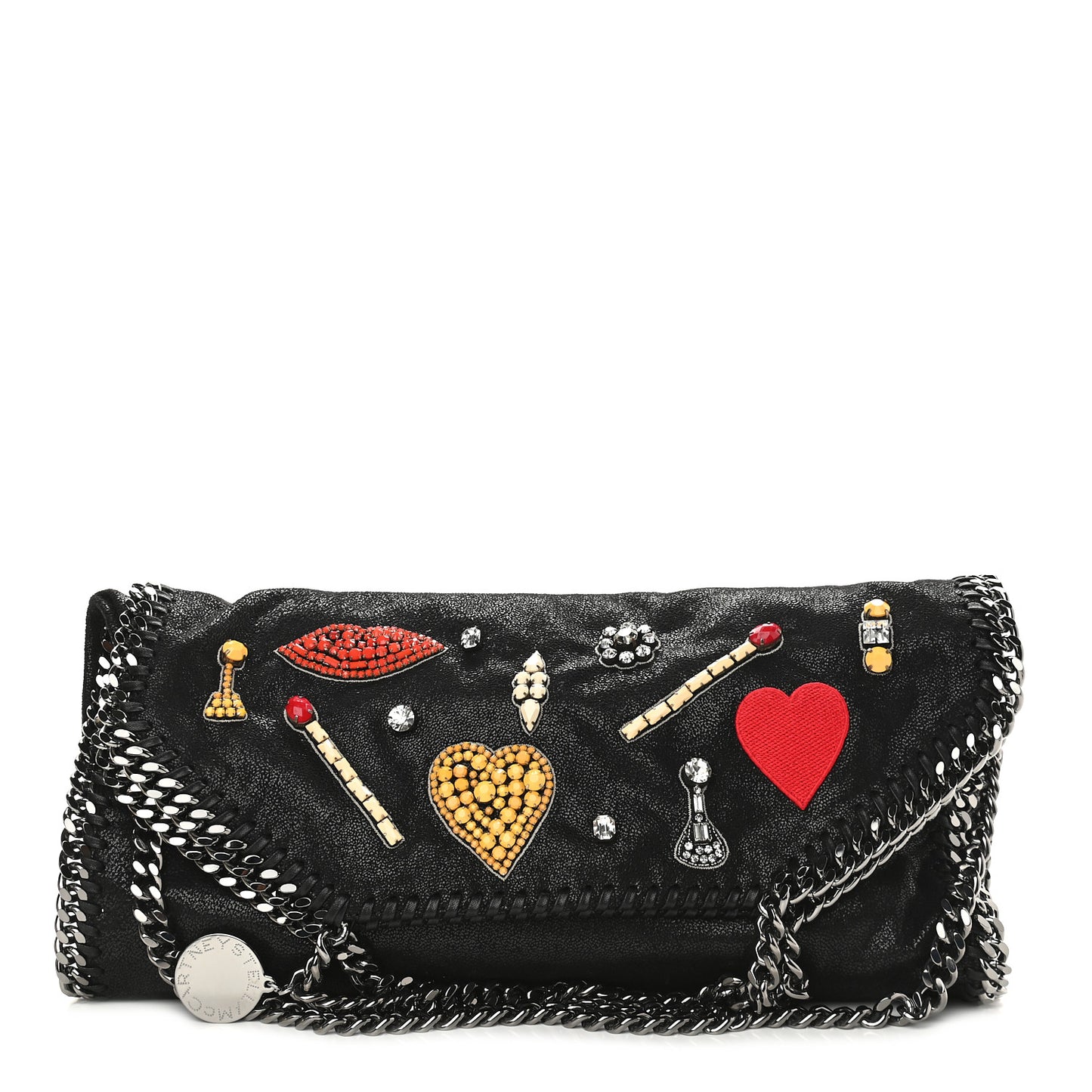 Embellished Shaggy Deer Small Falabella Fold Over Tote Black
