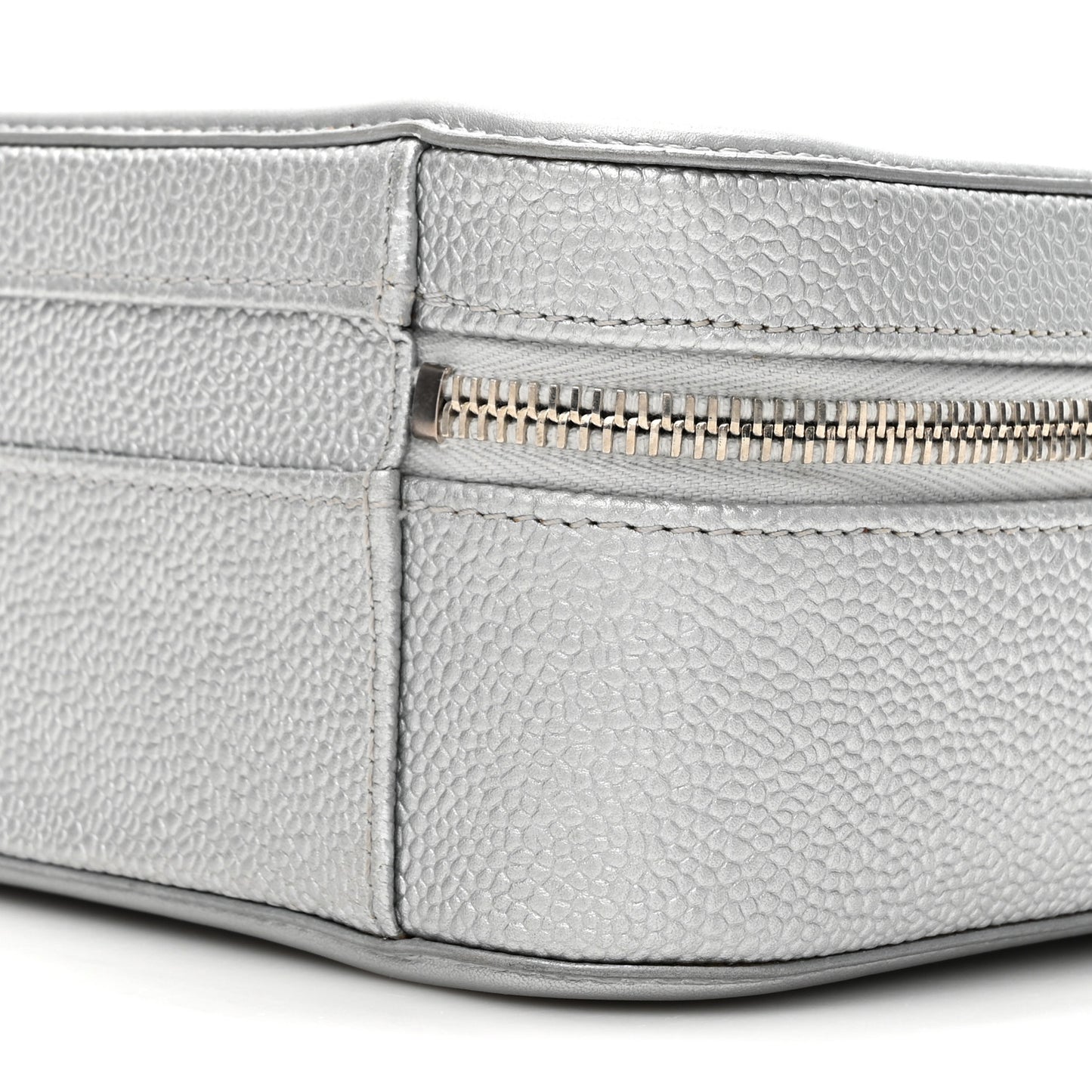 Metallic Caviar Quilted Medium CC Filigree Vanity Case Silver