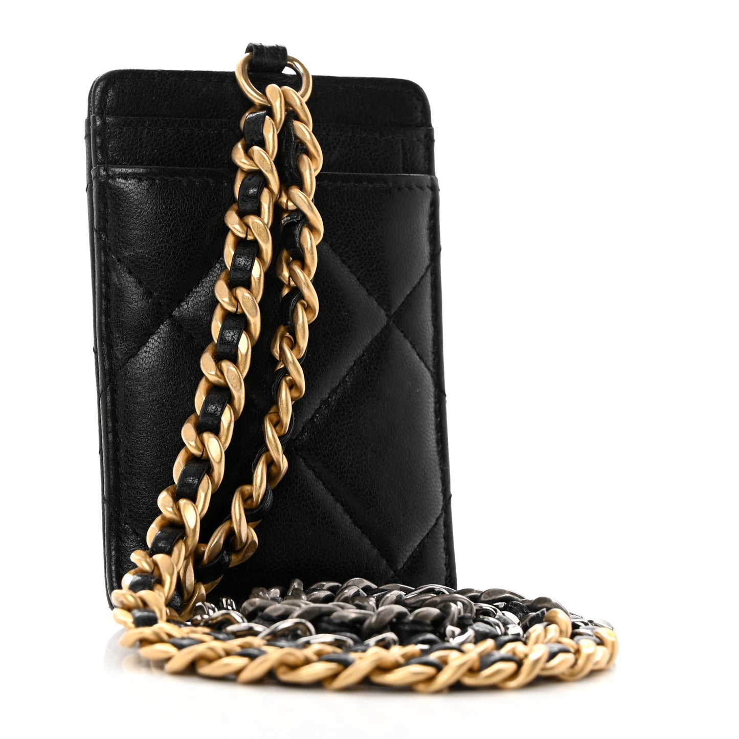 Shiny Goatskin Quilted Chanel 19 Card Holder On Chain Black