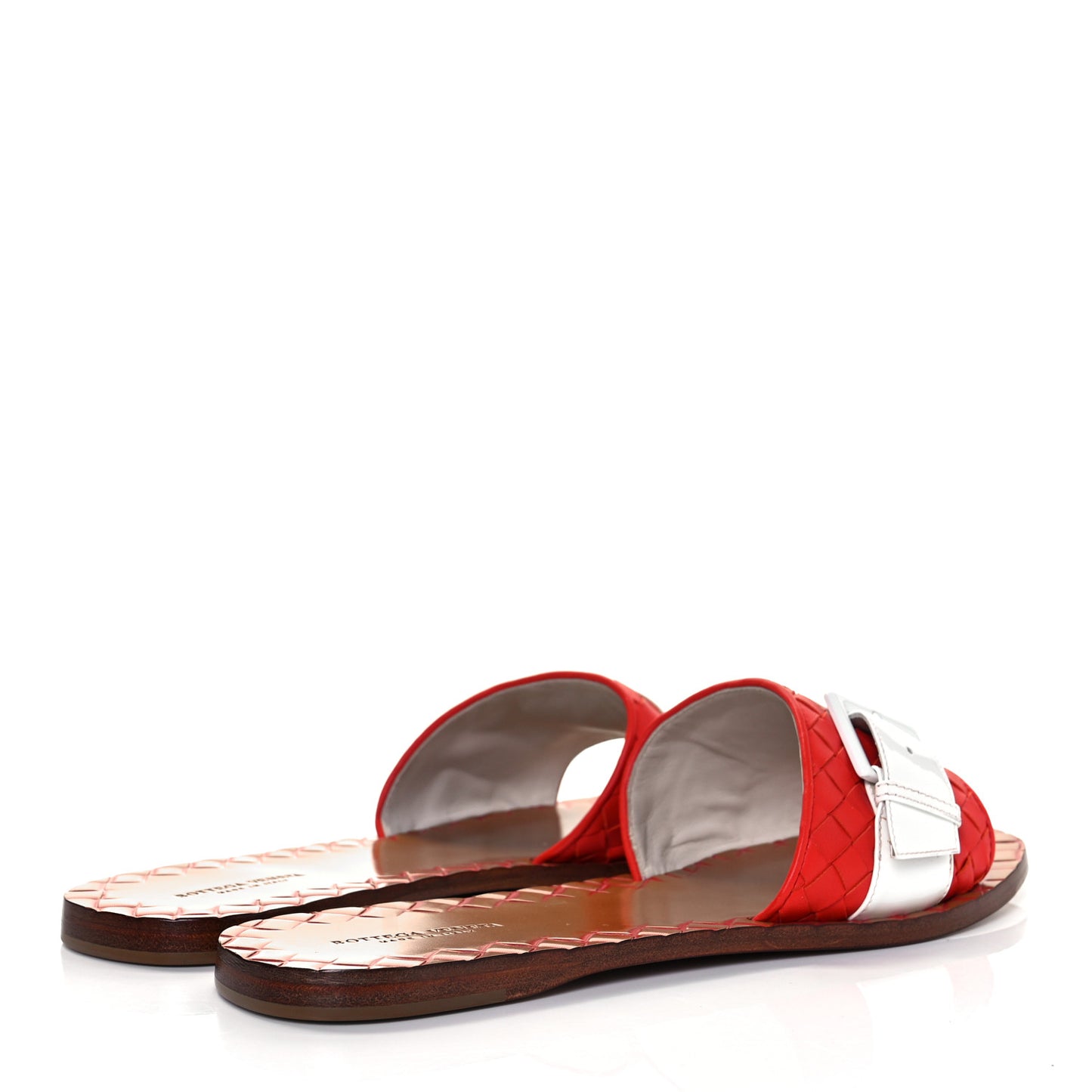 Nappa Intrecciato Patent Ravello Buckle Flat Sandals 38.5 Red White