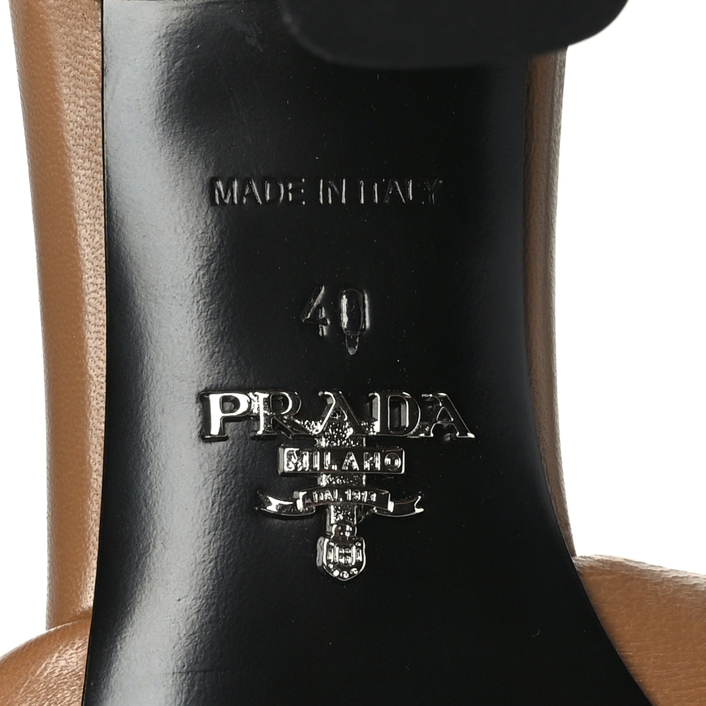 Nappa Soft Padded Metal Triangle Logo 65mm Slide Sandals 40 Caramel