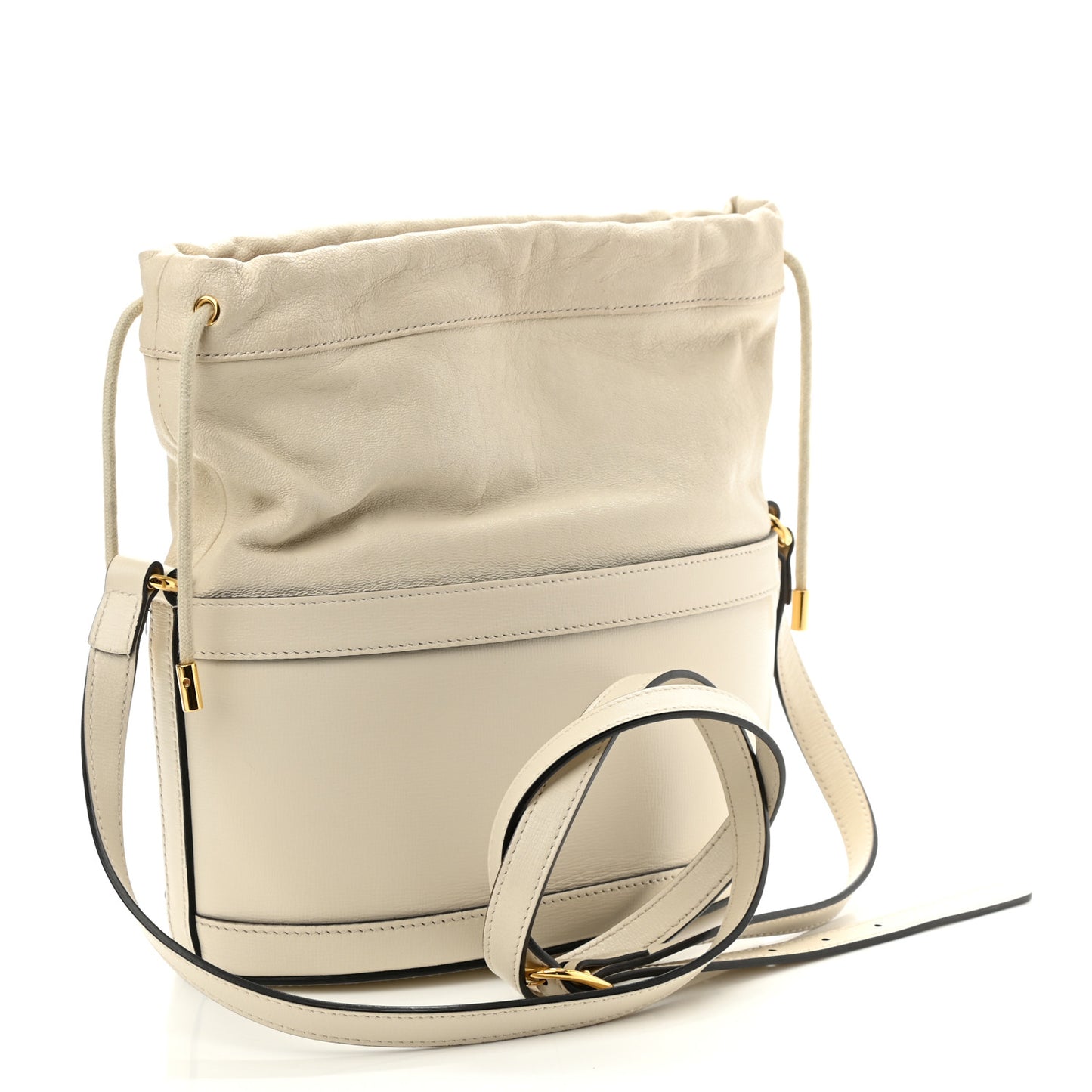 Azalea Sakai Calfskin Horsebit 1955 Drawstring Bucket Bag Mystic White