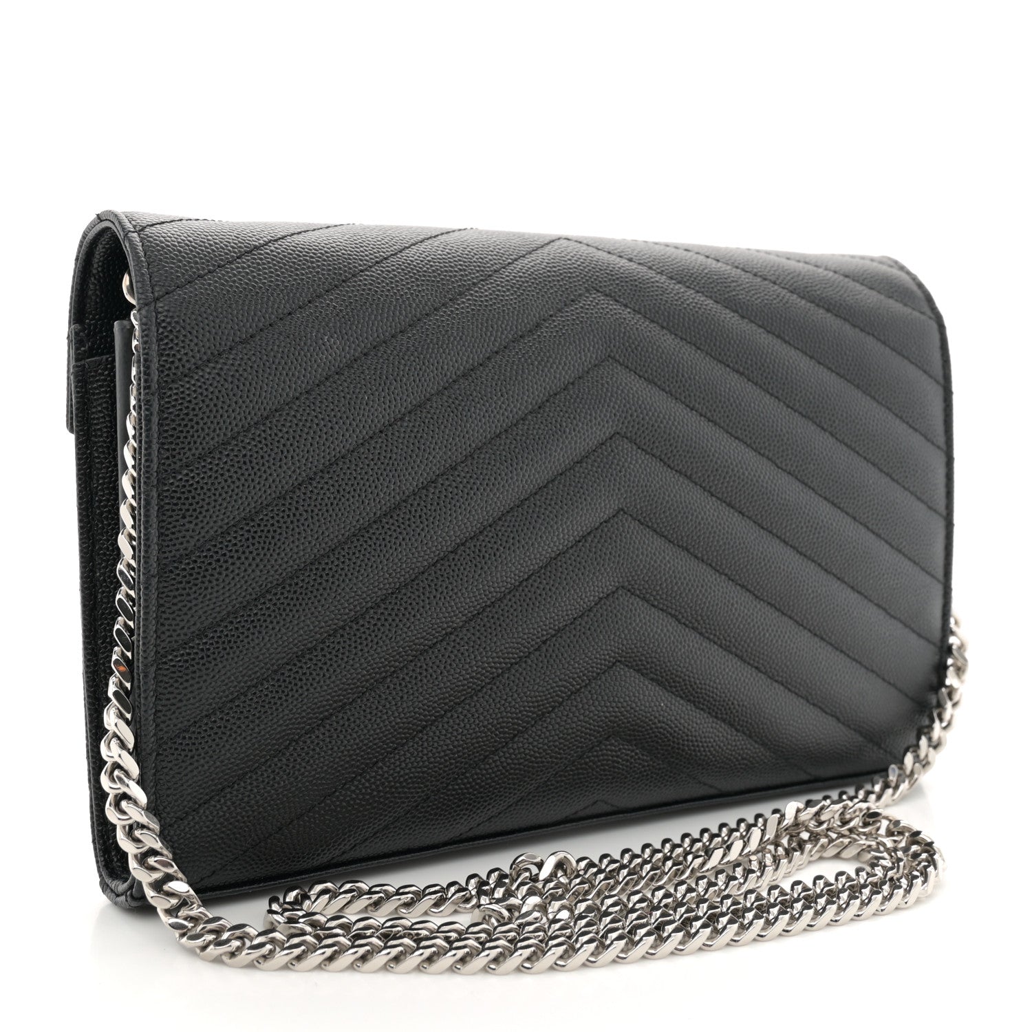 Saint Laurent Grain De Poudre Matelasse Chevron Monogram Chain Wallet Black 3 of 12
