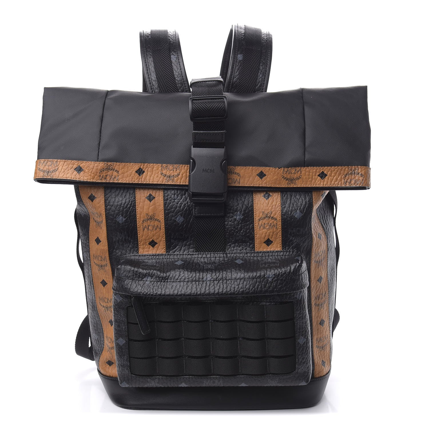 MCM Striped Visetos Roll Top Backpack Black Cognac 631277