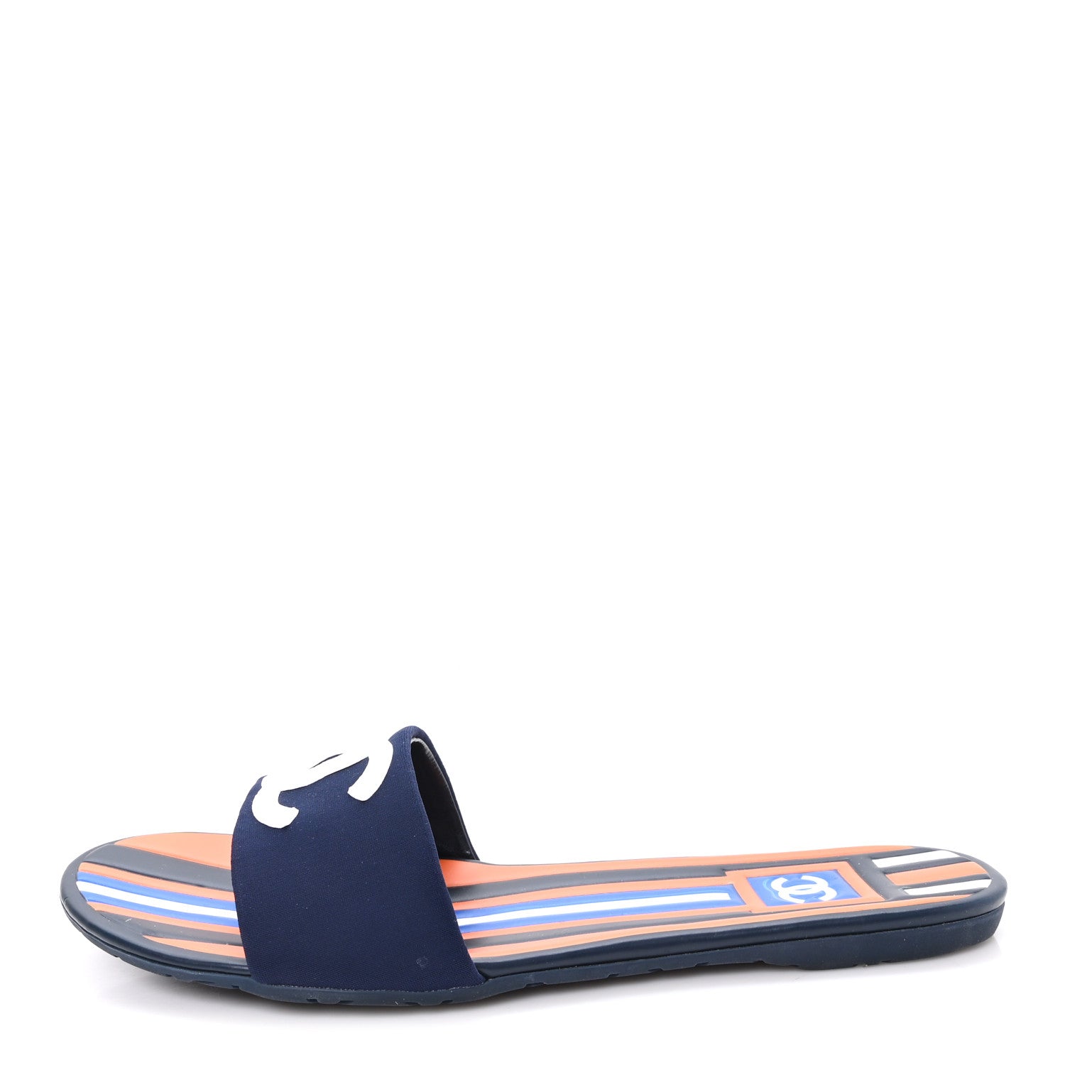 Chanel Rubber CC Mules Sandals 38 Dark Navy Blue Orange 1939404