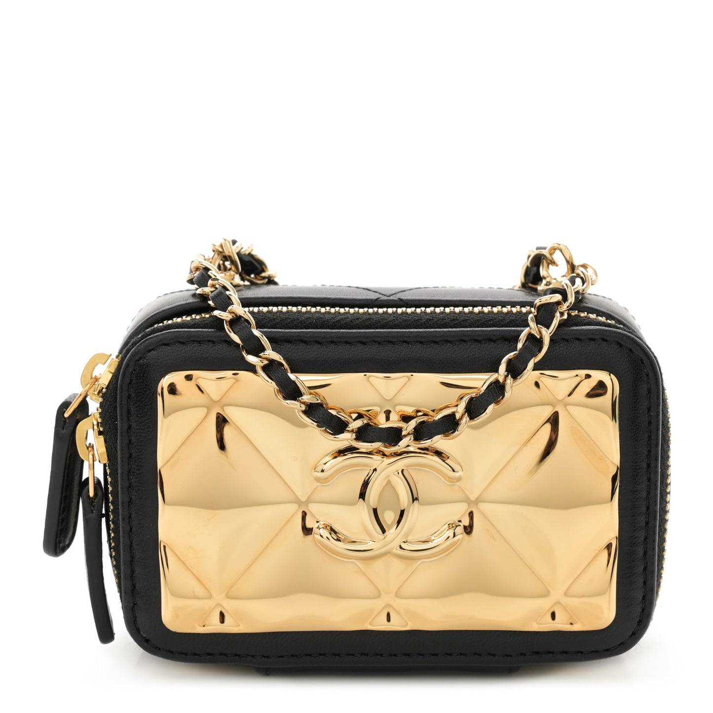 Lambskin Metal Quilted Extra Mini Vanity Case With Chain Black Gold