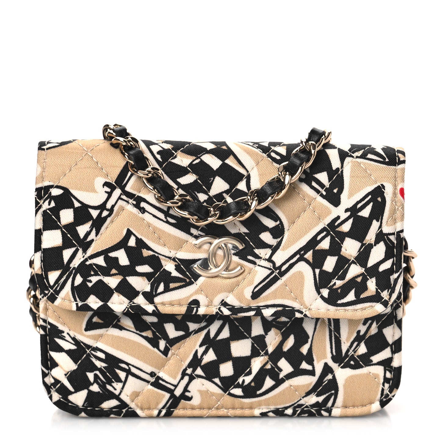 Canvas Check Flag Printed CC Clutch With Chain Beige Multicolor