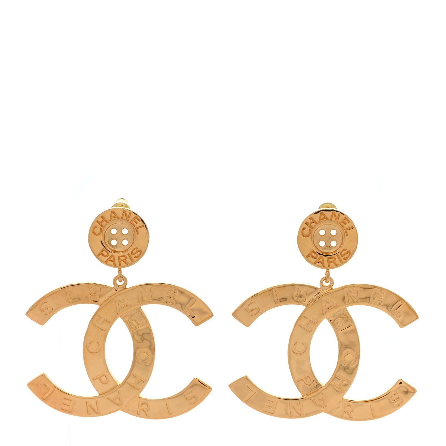 Chanel Metal Large Paris Button Earrings Gold 1 of 4