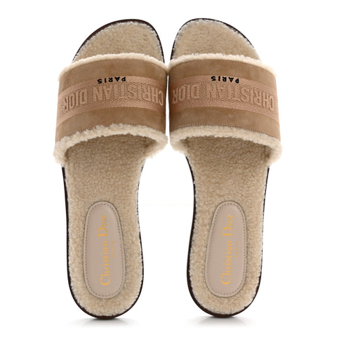 Suede Goatskin Shearling Embroidered Dway Slide Sandals 40.5 Cookie