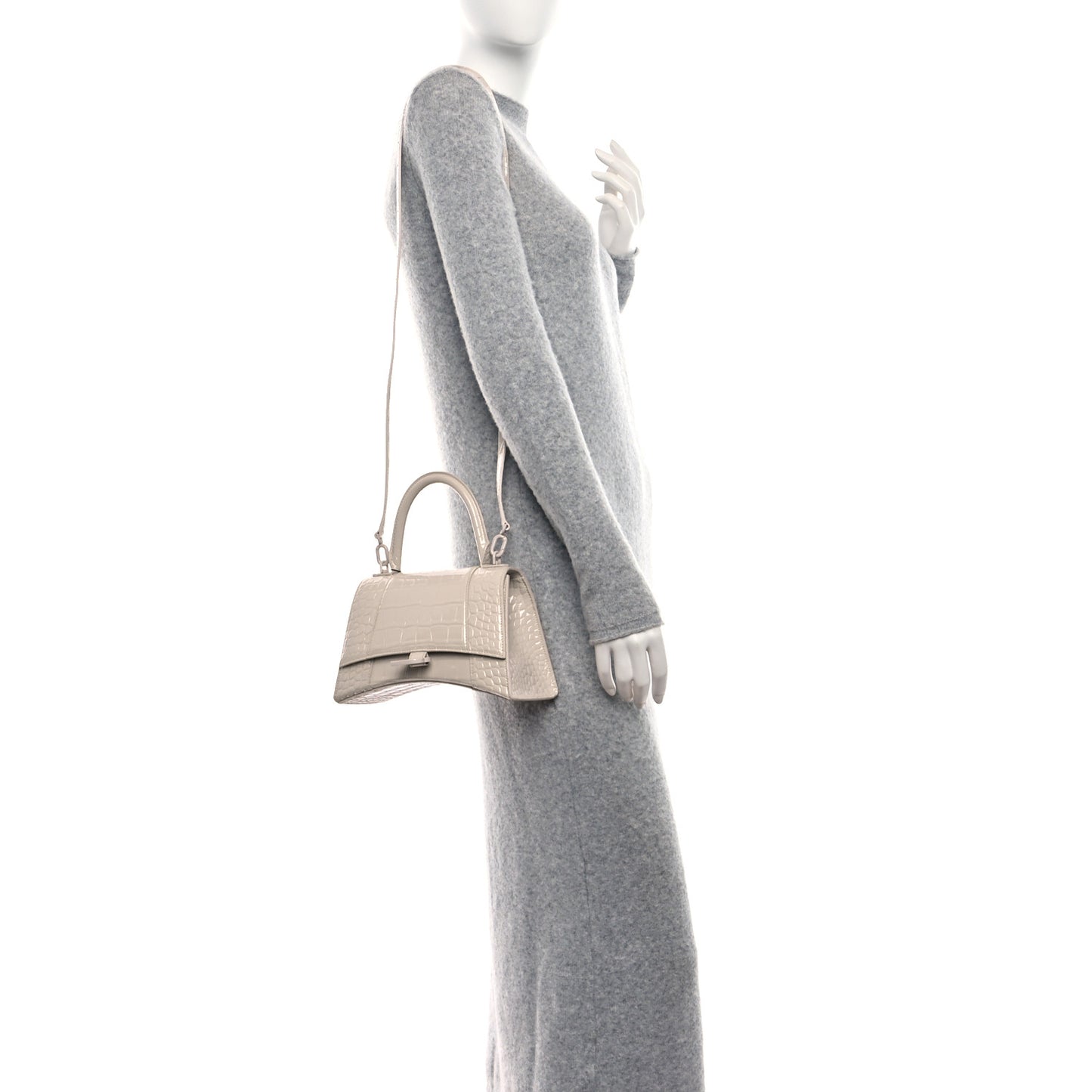 Shiny Calfskin Monochrome Crocodile Embossed Hourglass Top Handle Bag XS Nacre