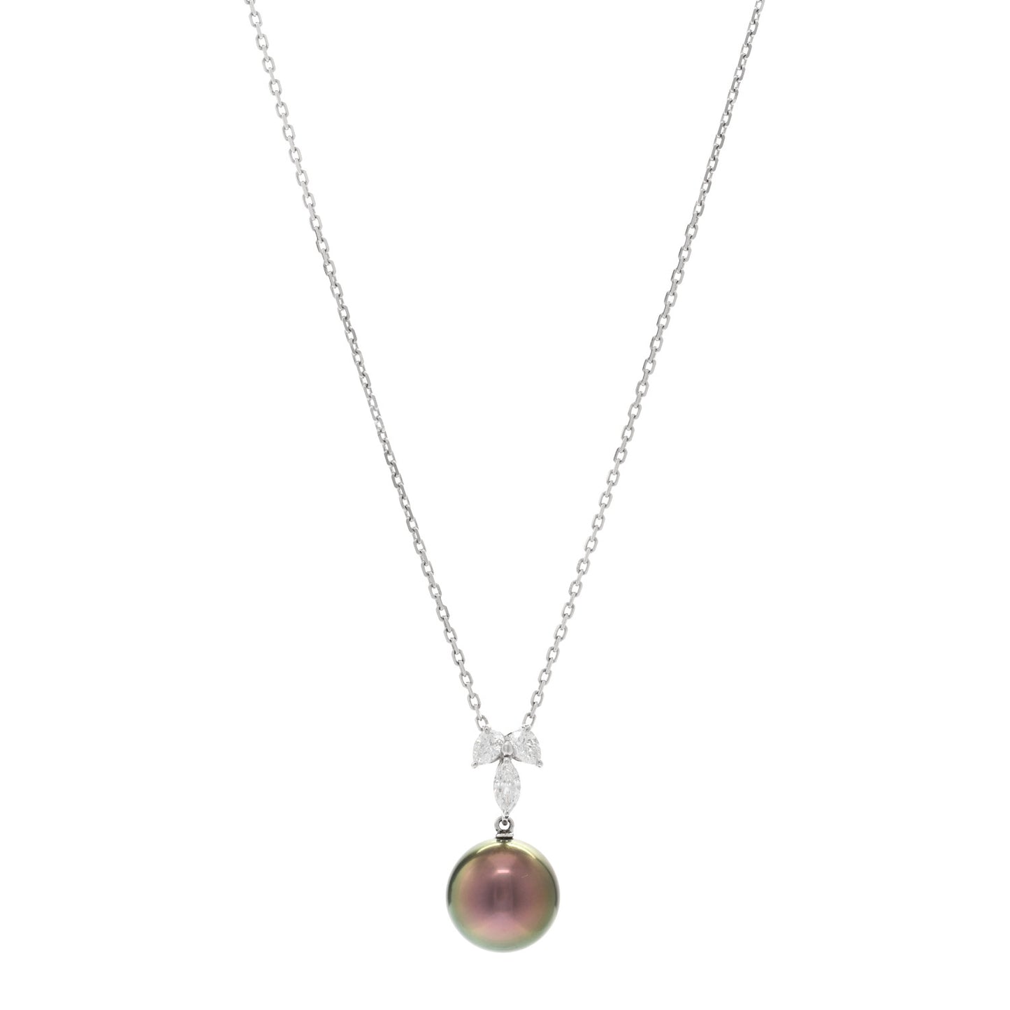 18K White Gold Diamond Black South Sea Pearl 12mm Pendant Necklace