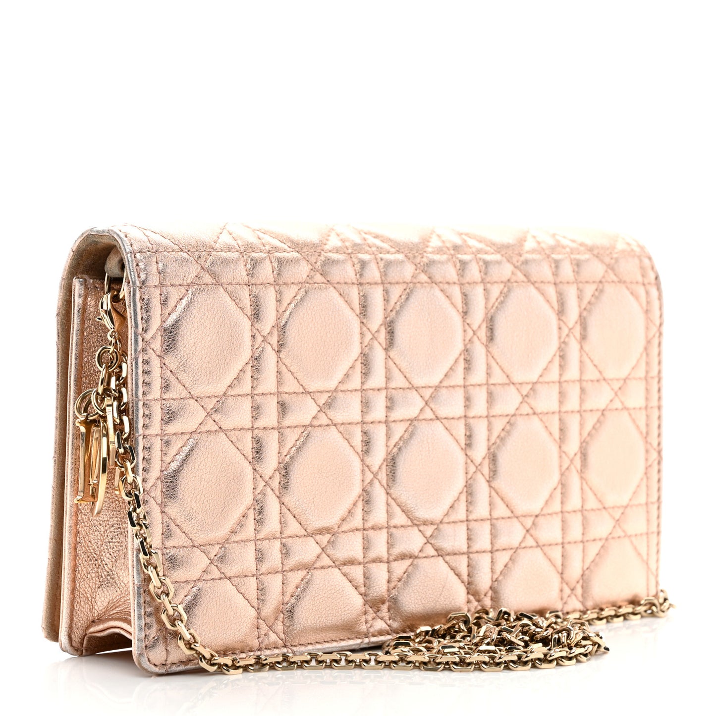 Metallic Lambskin Cannage Lady Dior Pouch Rose Gold