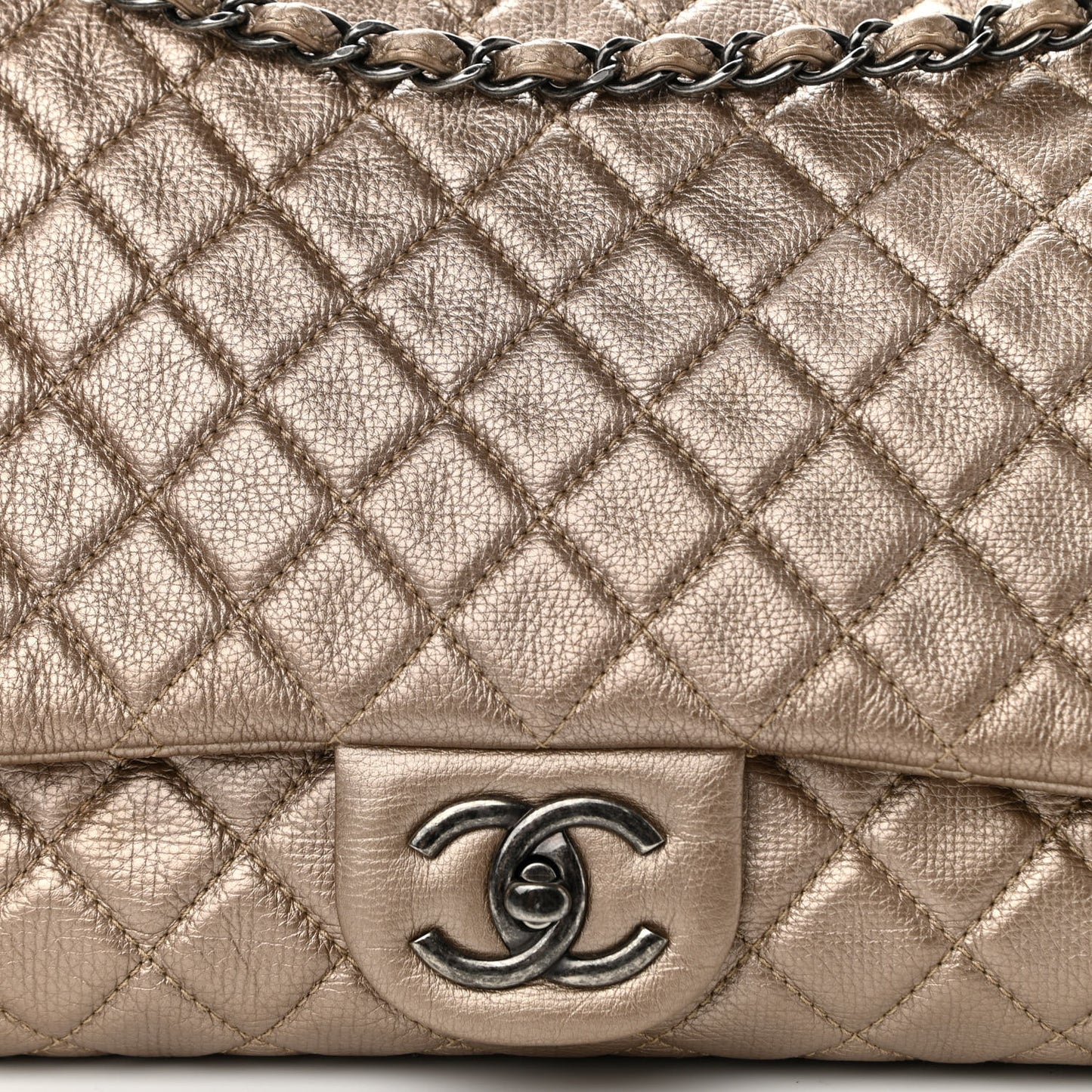 Metallic Calfskin Quilted XXL Travel Flap Bag Gold