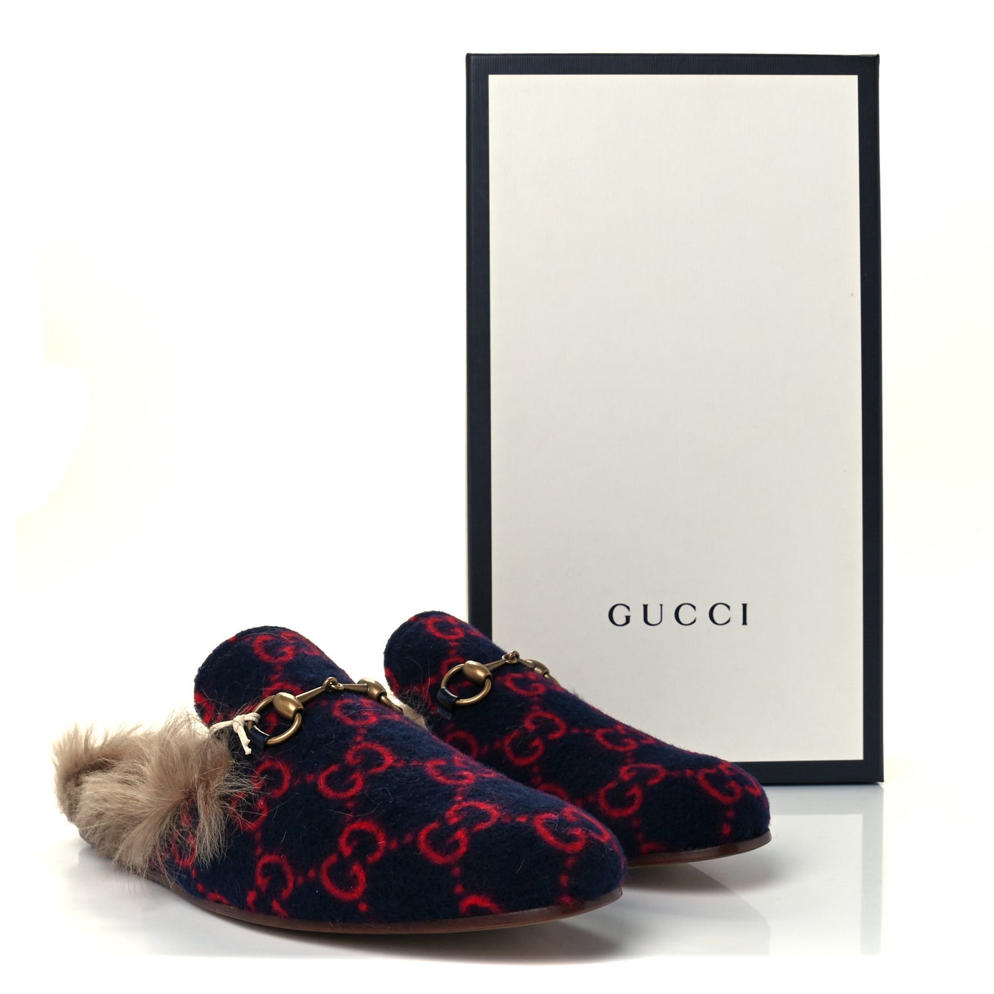 Velvet GG Monogram Fur Mens Princetown Slippers 7 Navy Red