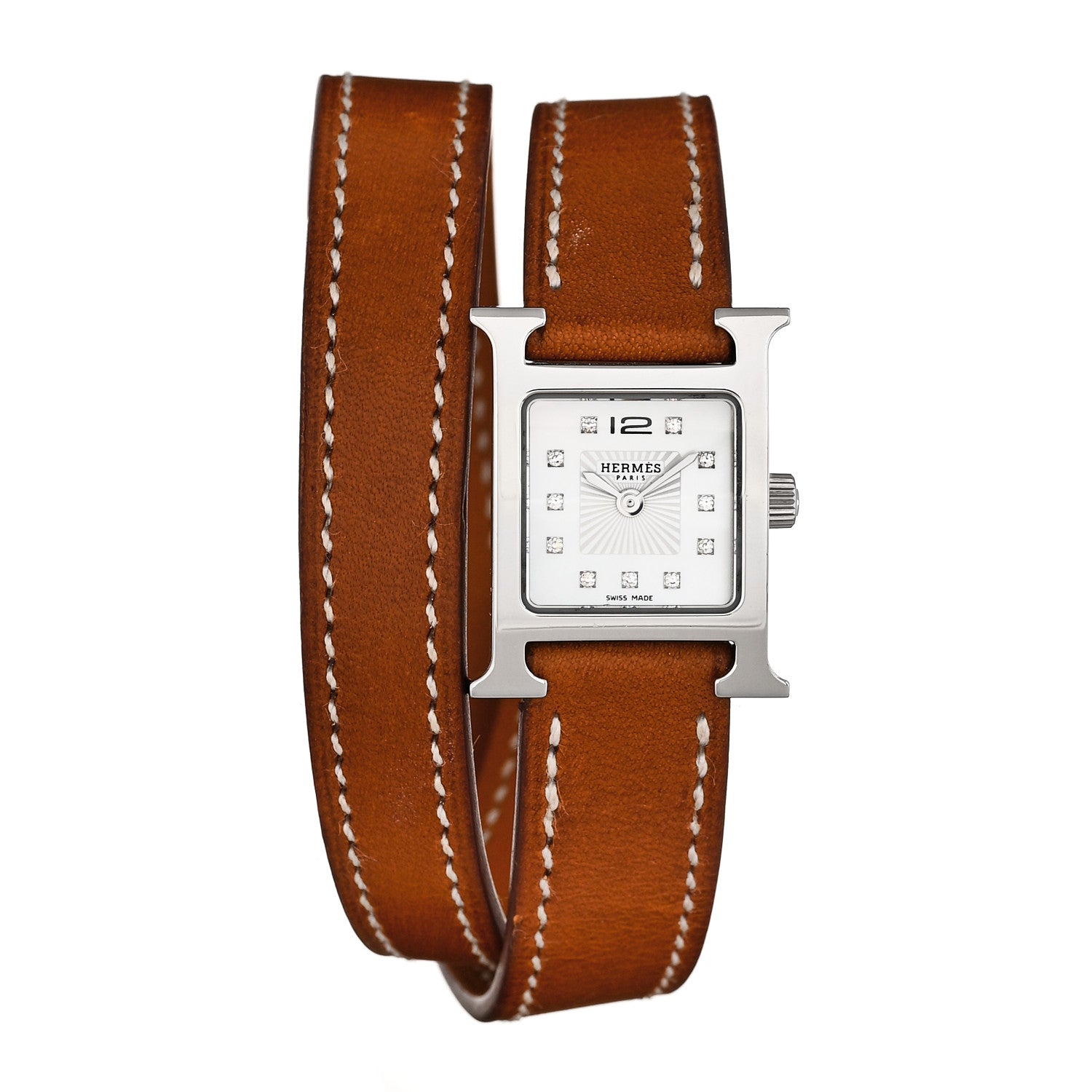 Hermes Stainless Steel Barenia Diamond Mother of Pearl 17.2mm Heure H Hour Quartz Watch Fauve 1 of 5