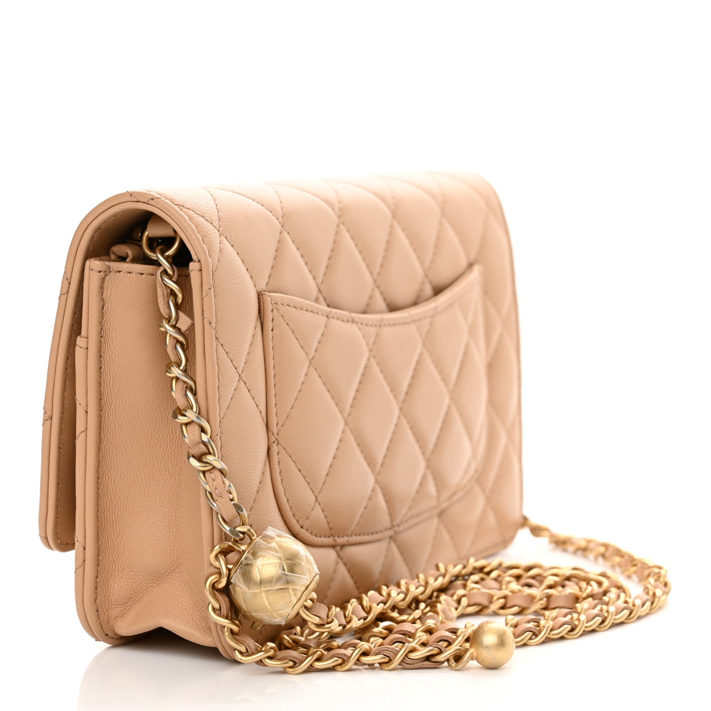 Lambskin Quilted CC Pearl Crush Wallet on Chain WOC Beige