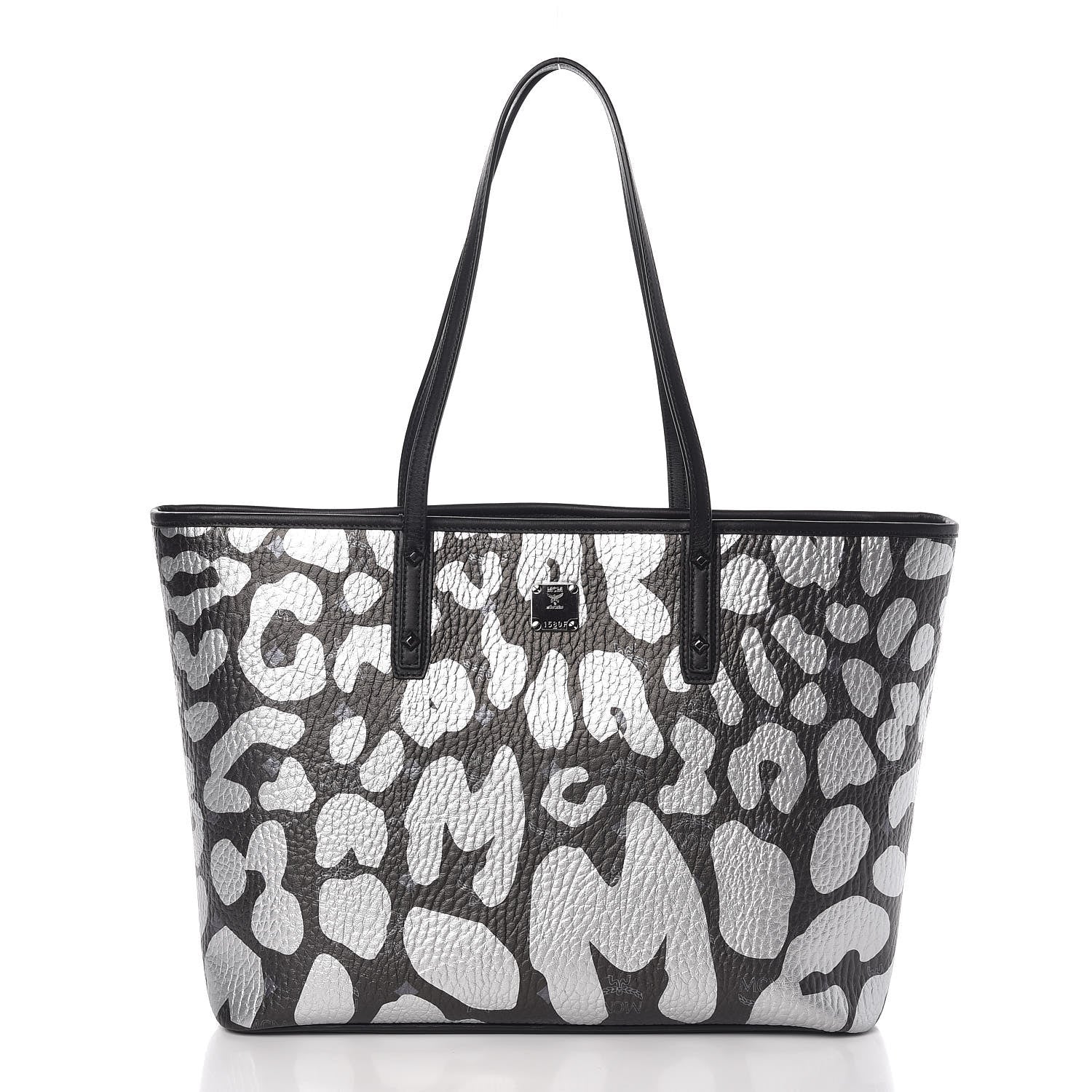 MCM Visetos Metallic Leopard Print Medium Anya Shopper Tote Black 3 of 9