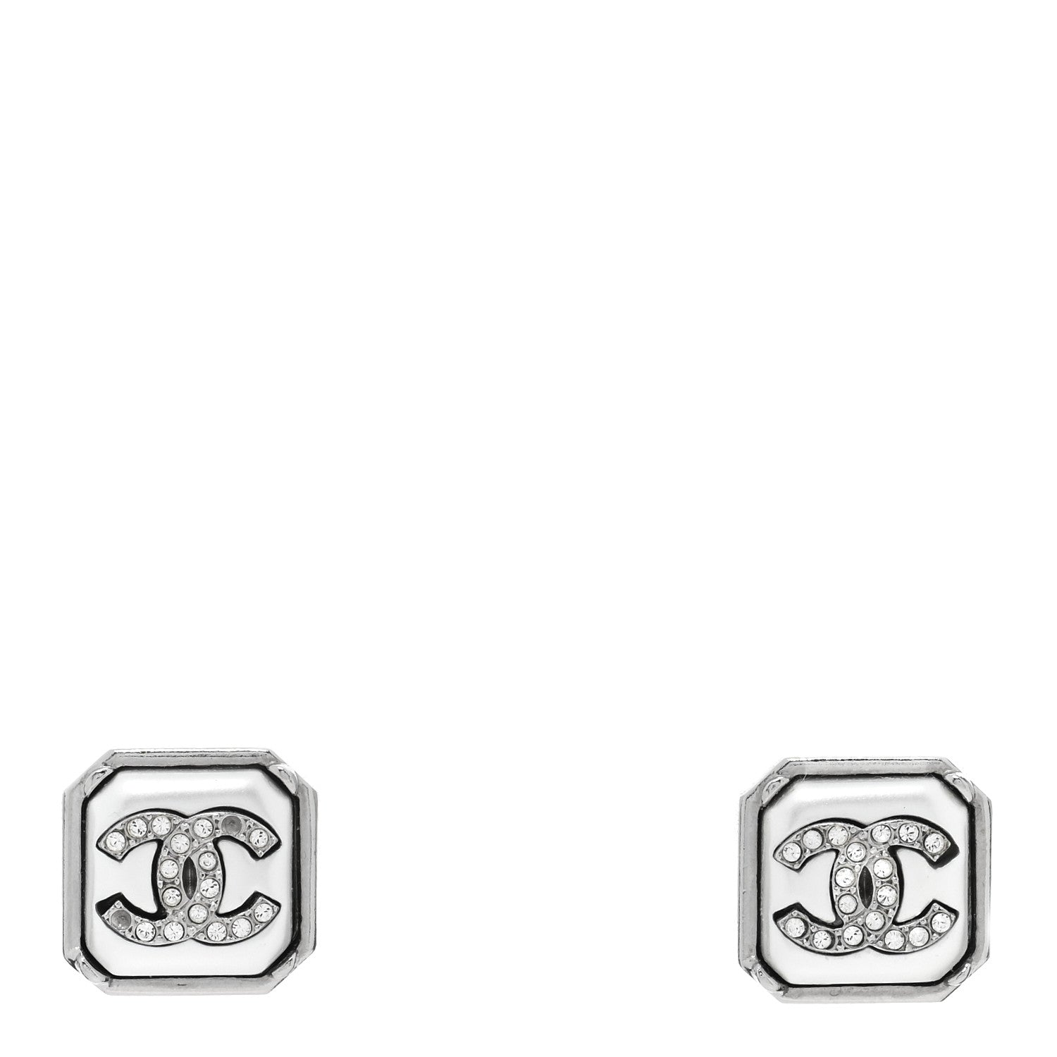 Chanel Pearl Crystal CC Square Earrings Silver 1 of 4
